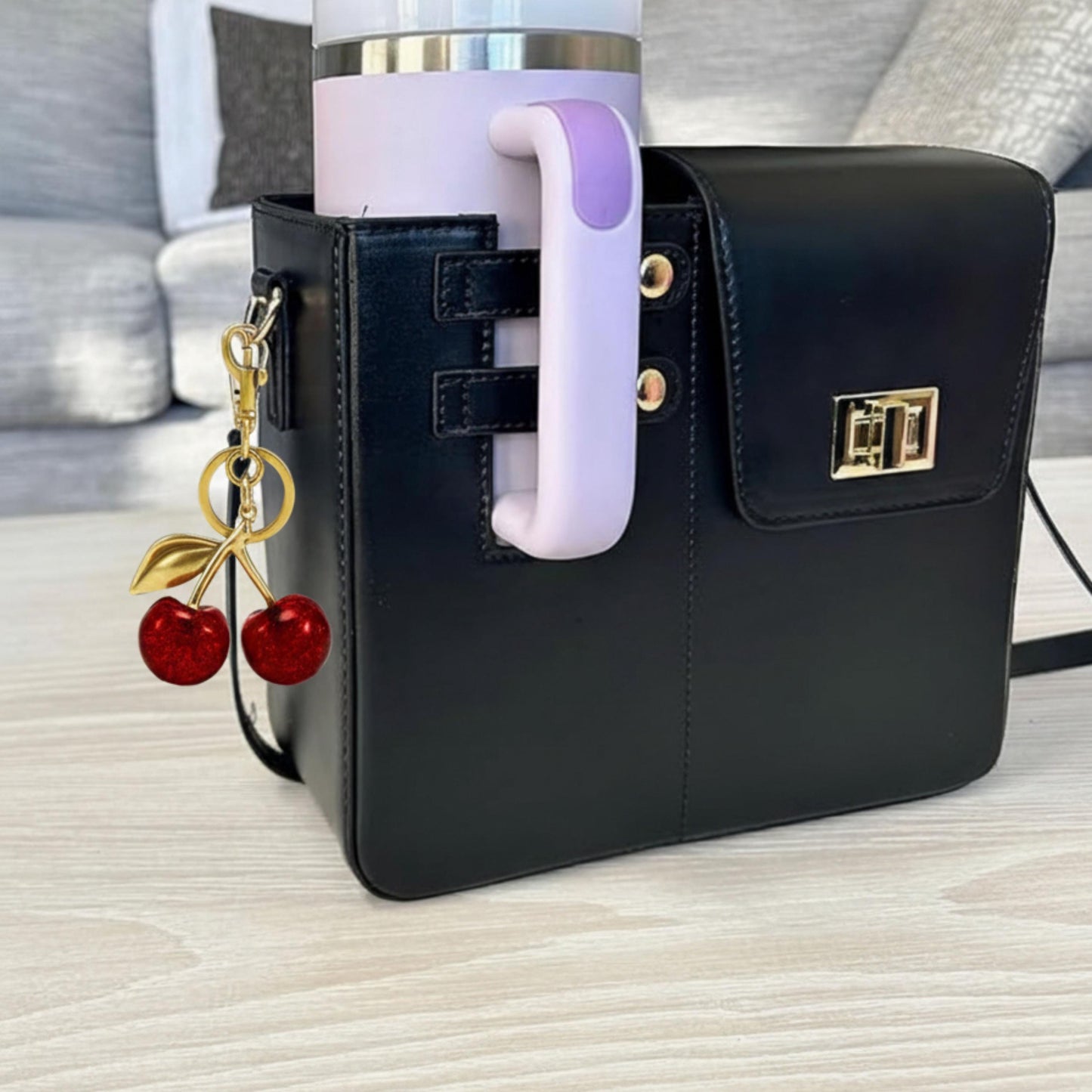 Crossbody Cup Holder Purse with bag charm, Tumbler Bag compatible with stanley tumbler, Gift for Women, Cherry Purse charm handbag