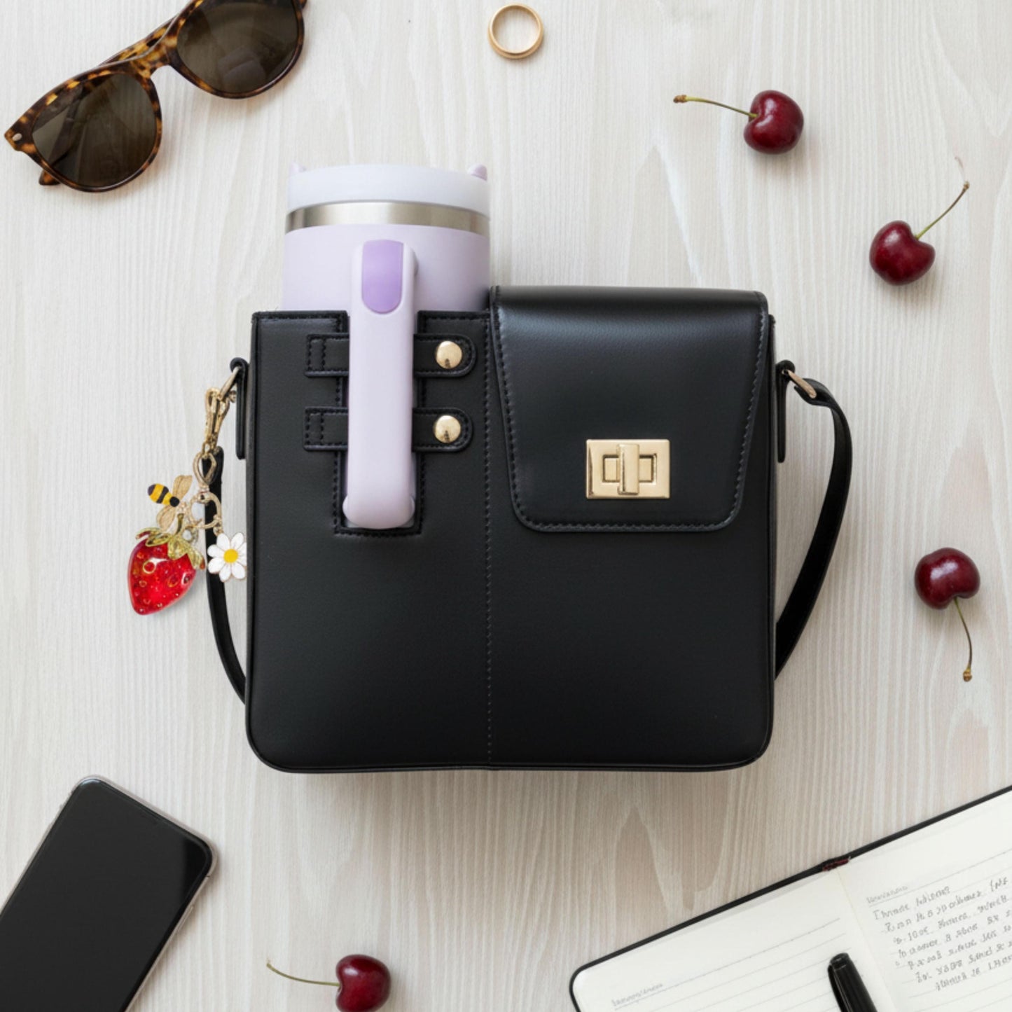 Tumbler Bag with Pink Cherry Charm, Crossbody Cup Holder Purse compatible with stanley tumbler, Gift for Women, Purse charm handbag