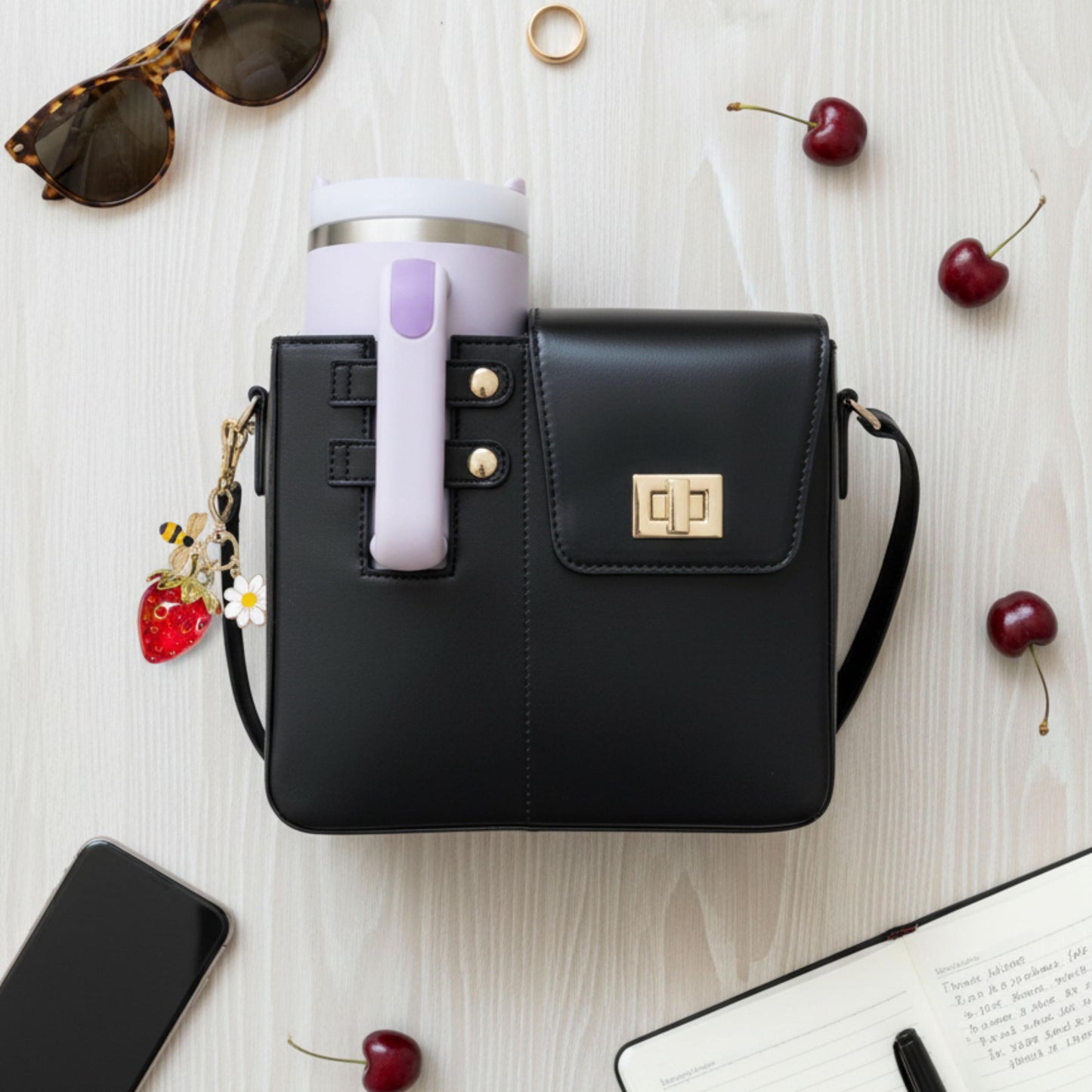 Crossbody Cup Holder Purse with bag charm, Tumbler Bag compatible with stanley tumbler, Gift for Women, Cherry Purse charm handbag