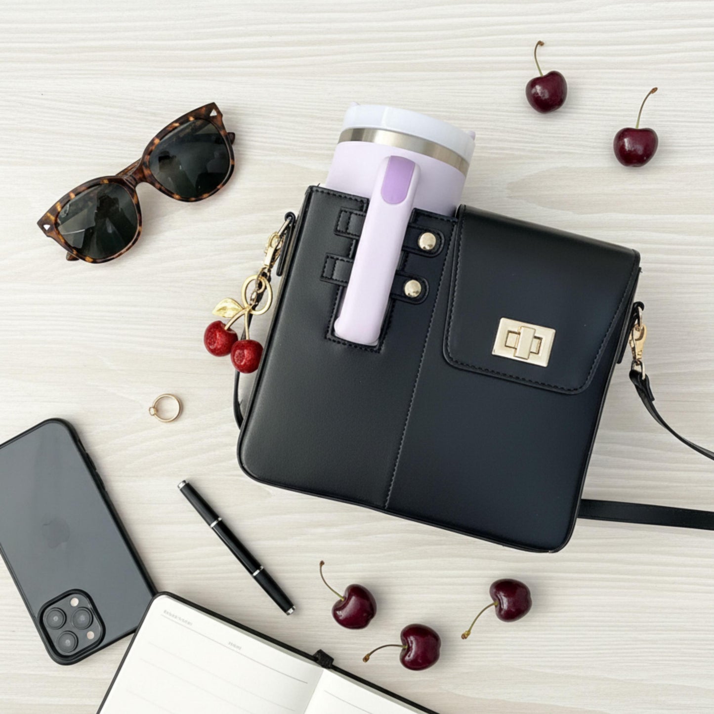 Crossbody Cup Holder Purse with bag charm, Tumbler Bag compatible with stanley tumbler, Gift for Women, Cherry Purse charm handbag