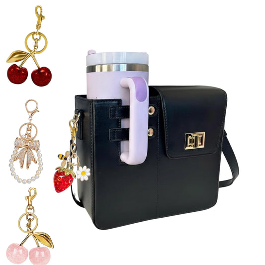 Tumbler Bag with Strawberry Charm, Crossbody Cup Holder Purse compatible with stanley tumbler, Gift for Women, Purse charm for handbag