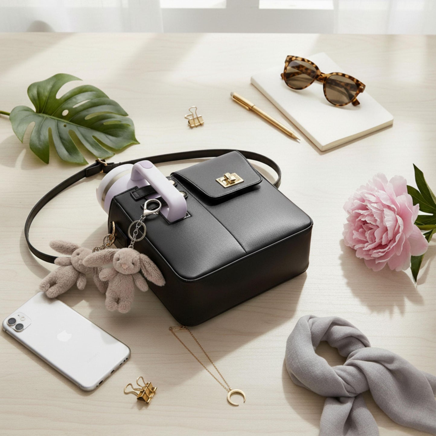 Tumbler Bag with Plush Charm, Crossbody Cup Holder Purse compatible with Stanley tumblers, Plush Black Cat Bunny bag charm, Gift for women