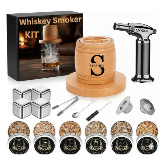 Custom Whiskey Smoker Kit with Torch and wood chips, Cocktail Smoker Set for Men Dad Husband, comes with Glasses & Ice Ball Mold (NO BUTANE)