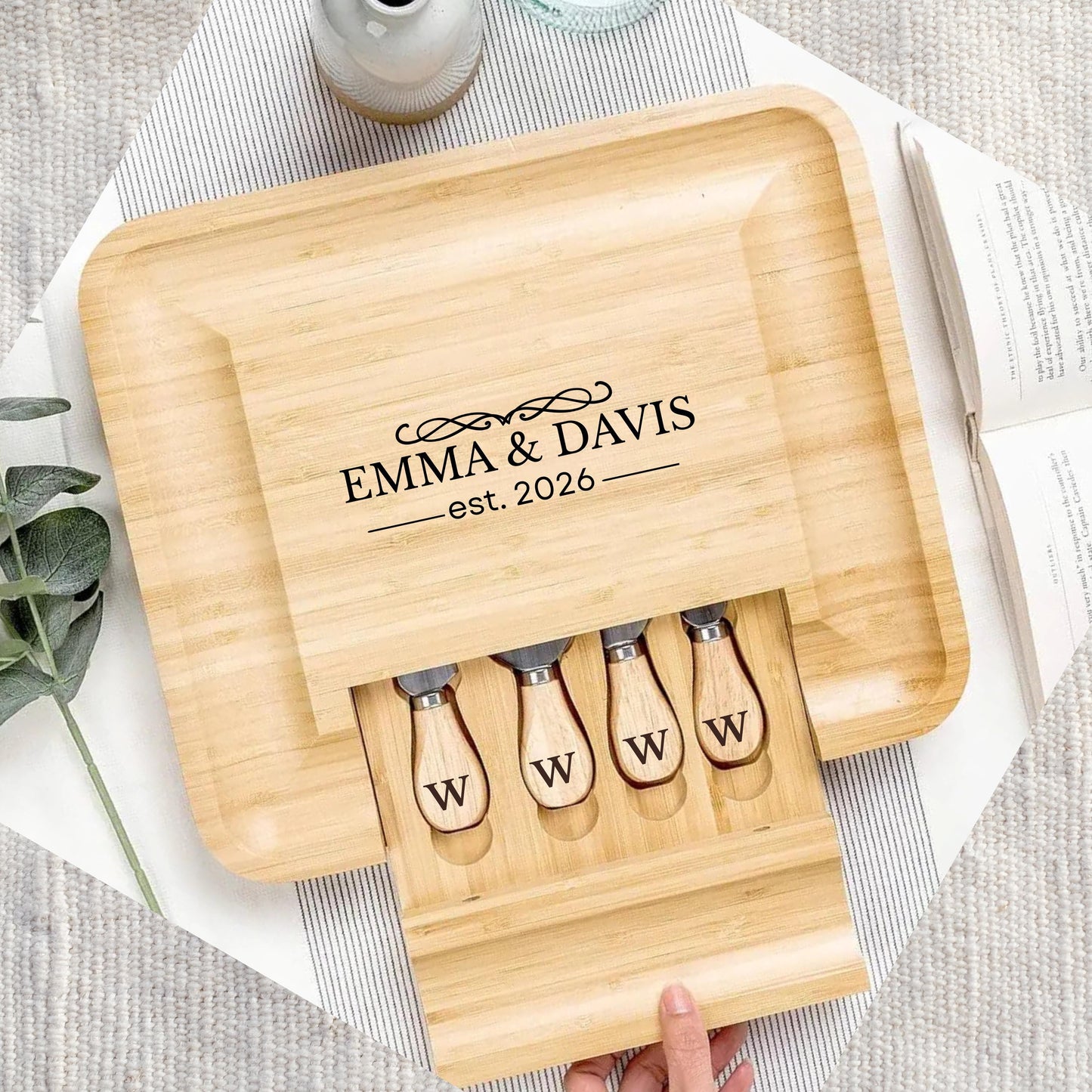Bamboo Cheese Board Set with Knife Drawer, Custom Charcuterie Board Wedding Gift, Anniversary Gift, Housewarming Gift, New Home gift