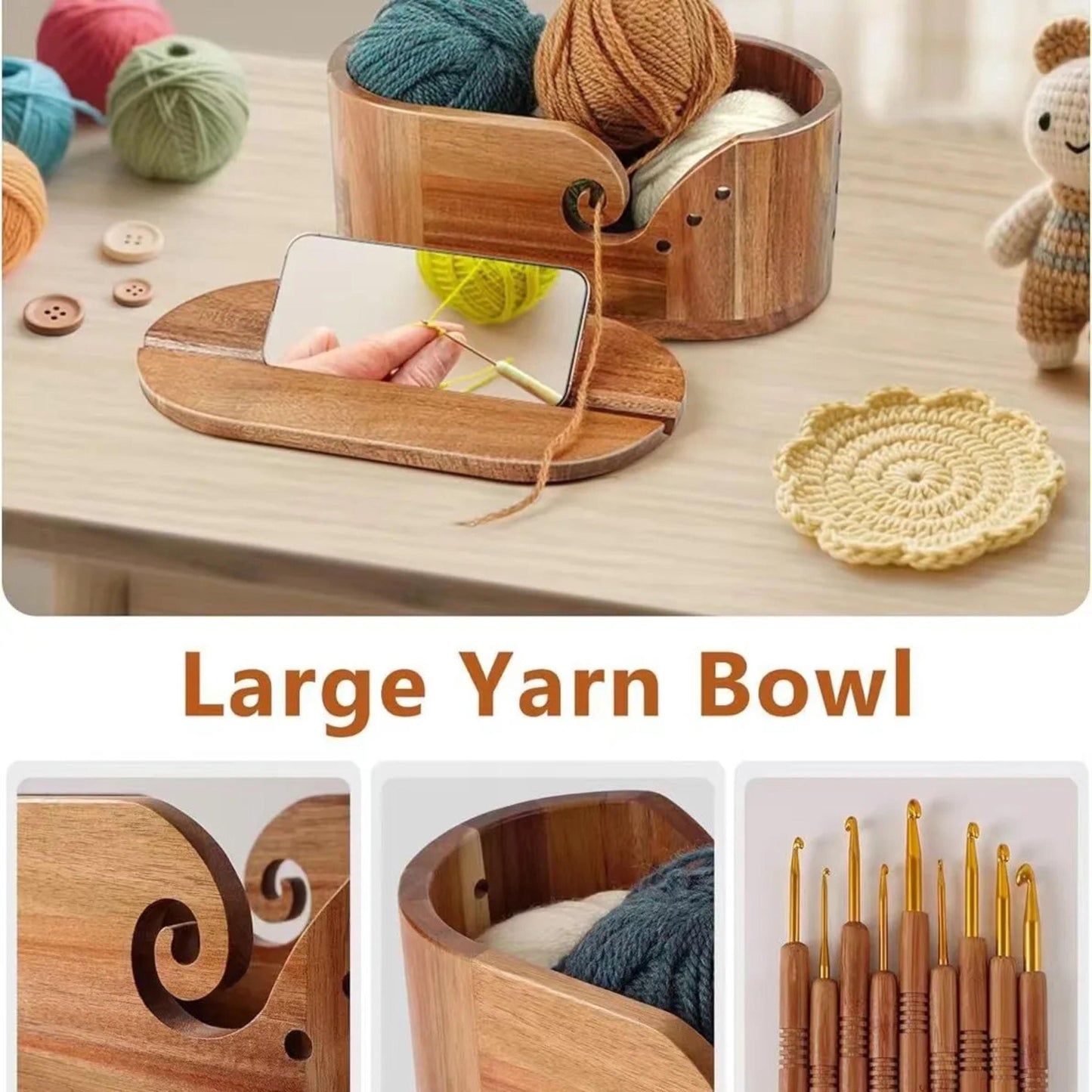 Large Yarn Bowl with Phone Holder, Wooden Crochet & Knitting Yarn Holder, Gift for Yarn Lovers, Crochet Accessories, Yarn Organizer