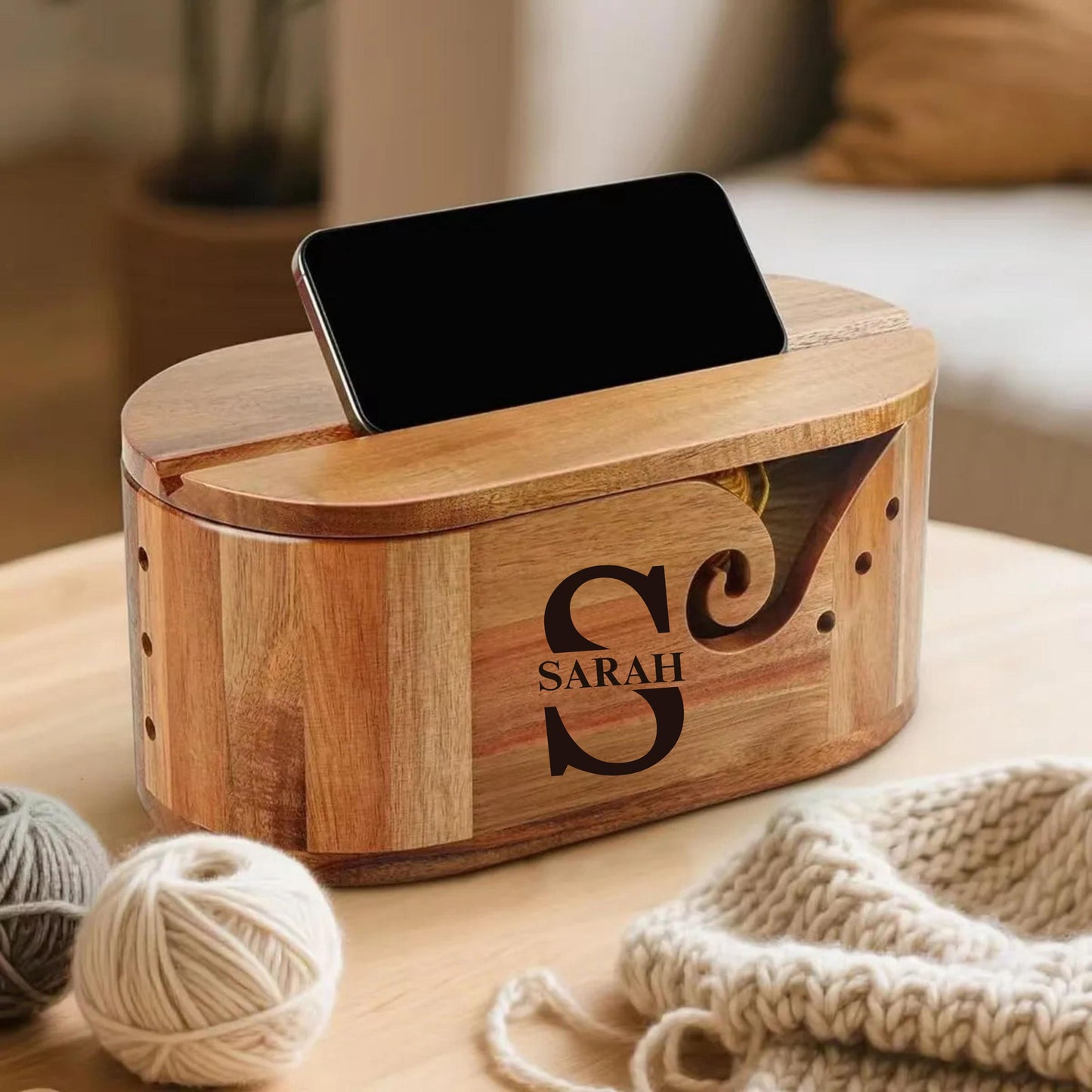 Personalized Yarn Bowl with Phone Holder, Wooden Crochet & Knitting Yarn Holder, Gift for Yarn Lovers, Crochet Accessories, Yarn Organizer
