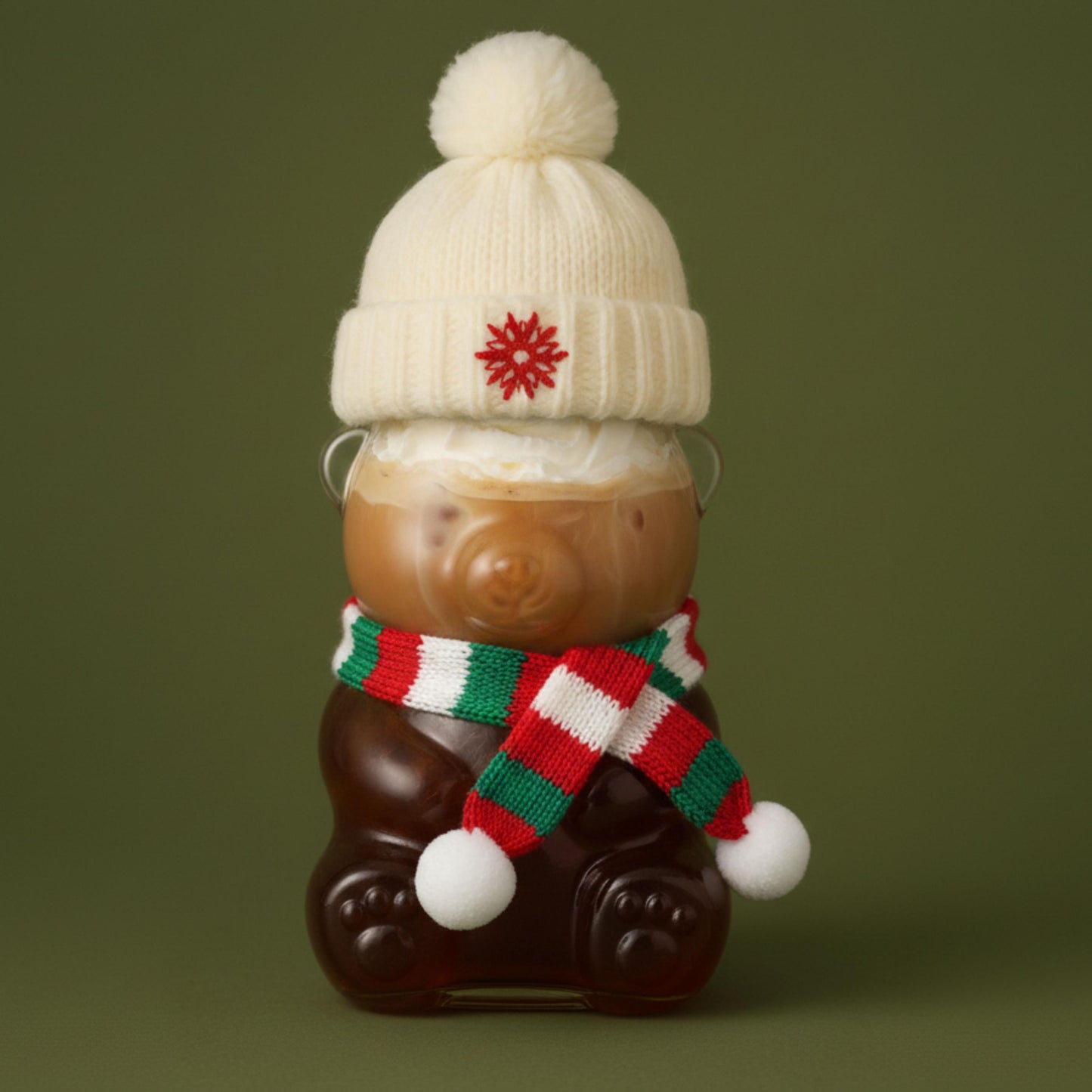 Custom Bear Shaped Coffee Cup, Personalized Bear Glass Mug with Custom Lid, Knit Hat & Scarf, Iced Coffee Cup with Straw for coffee lovers