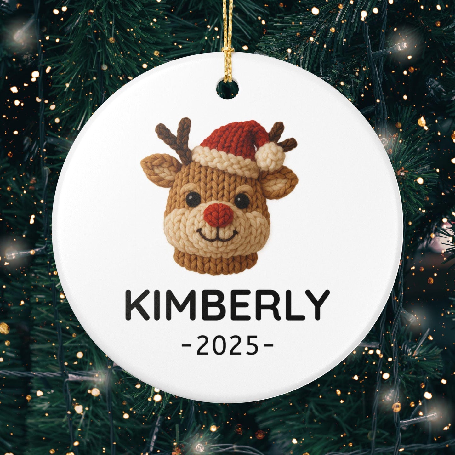 Personalized Reindeer Ceramic Ornament, Faux Yarn Pattern Ornament, Custom Name Christmas Gift, Cute Holiday Decor, 2025 Christmas Ornament