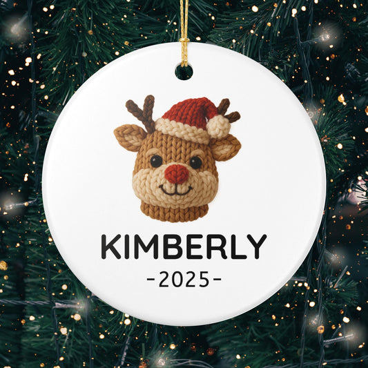 Personalized Reindeer Ceramic Ornament, Faux Yarn Pattern Ornament, Custom Name Christmas Gift, Cute Holiday Decor, 2025 Christmas Ornament