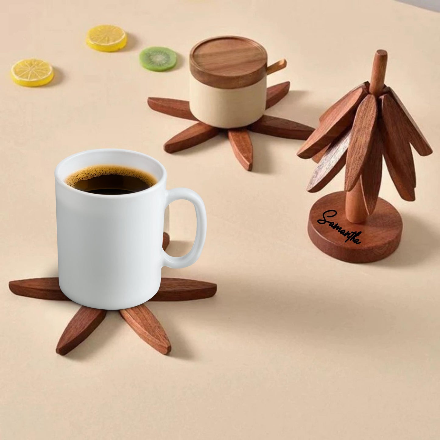 Personalized Wooden Trivet Set, Christmas Tree Coaster Set, 4 Wood Trivets + Stand, Hot Dish Pot Bowl Mug Mat, Rustic Kitchen Decor Gift