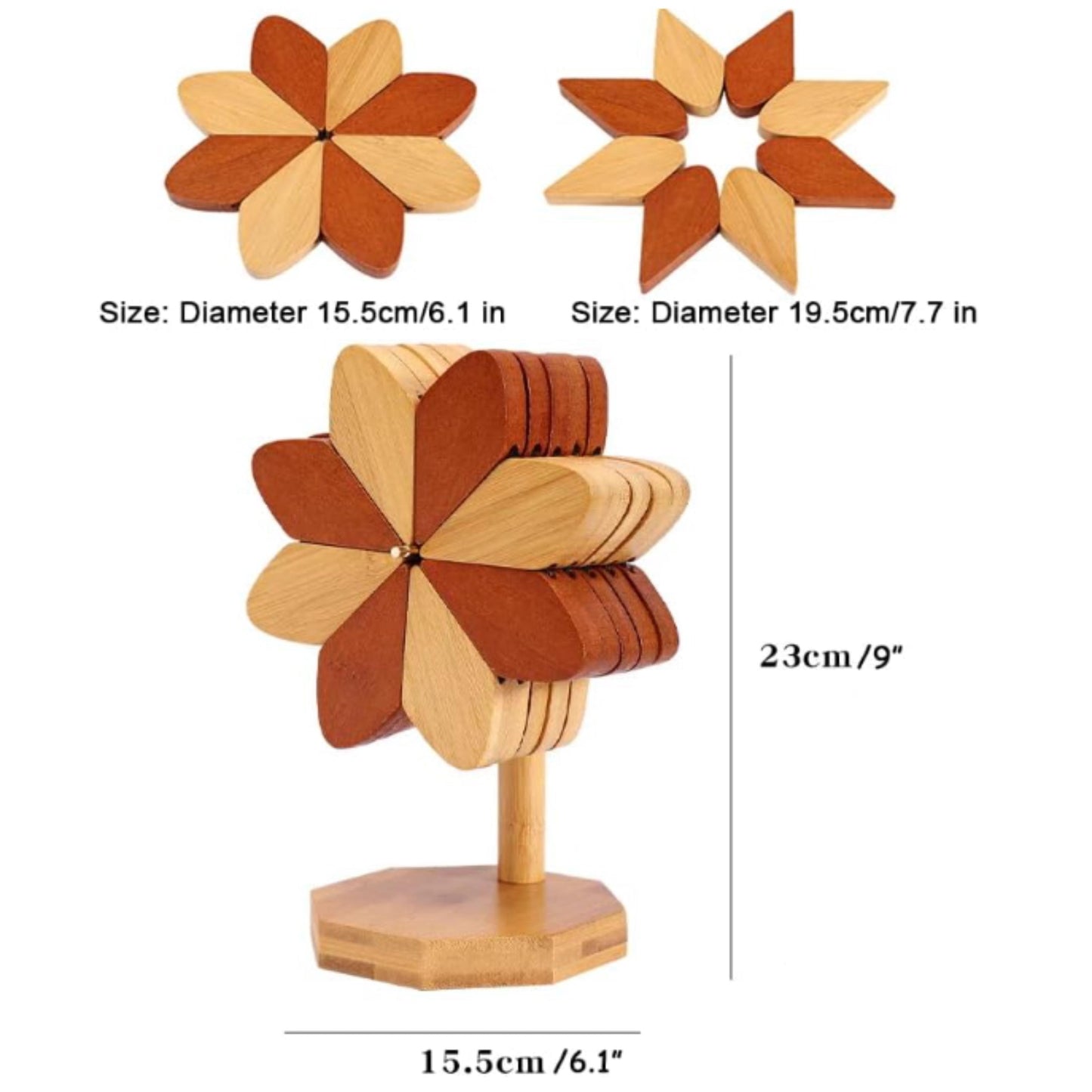 Personalized Wooden Pinwheel Trivet Set, 5 Foldable Wood Trivets + Stand, Heat-Resistant Coasters for Hot Dishes Pots Bowls, Kitchen Gift