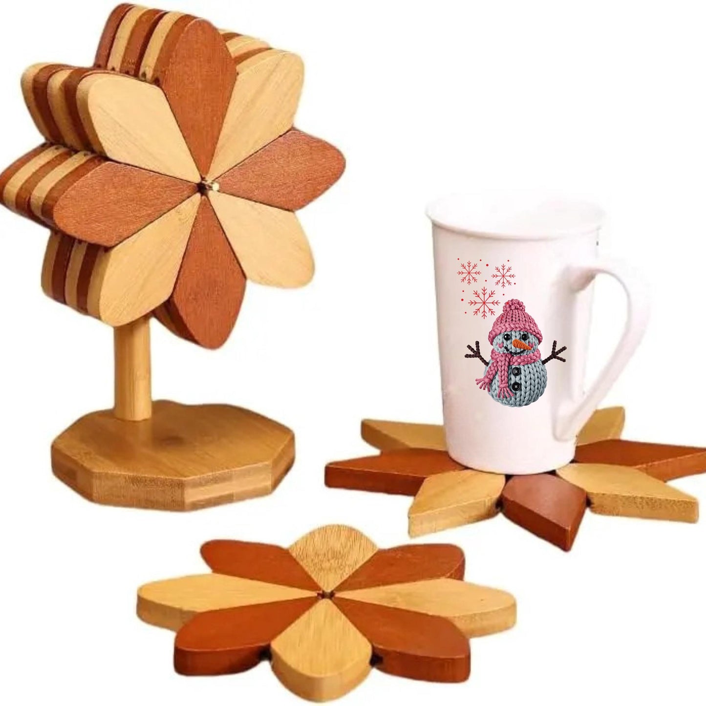 Personalized Wooden Pinwheel Trivet Set, 5 Foldable Wood Trivets + Stand, Heat-Resistant Coasters for Hot Dishes Pots Bowls, Kitchen Gift