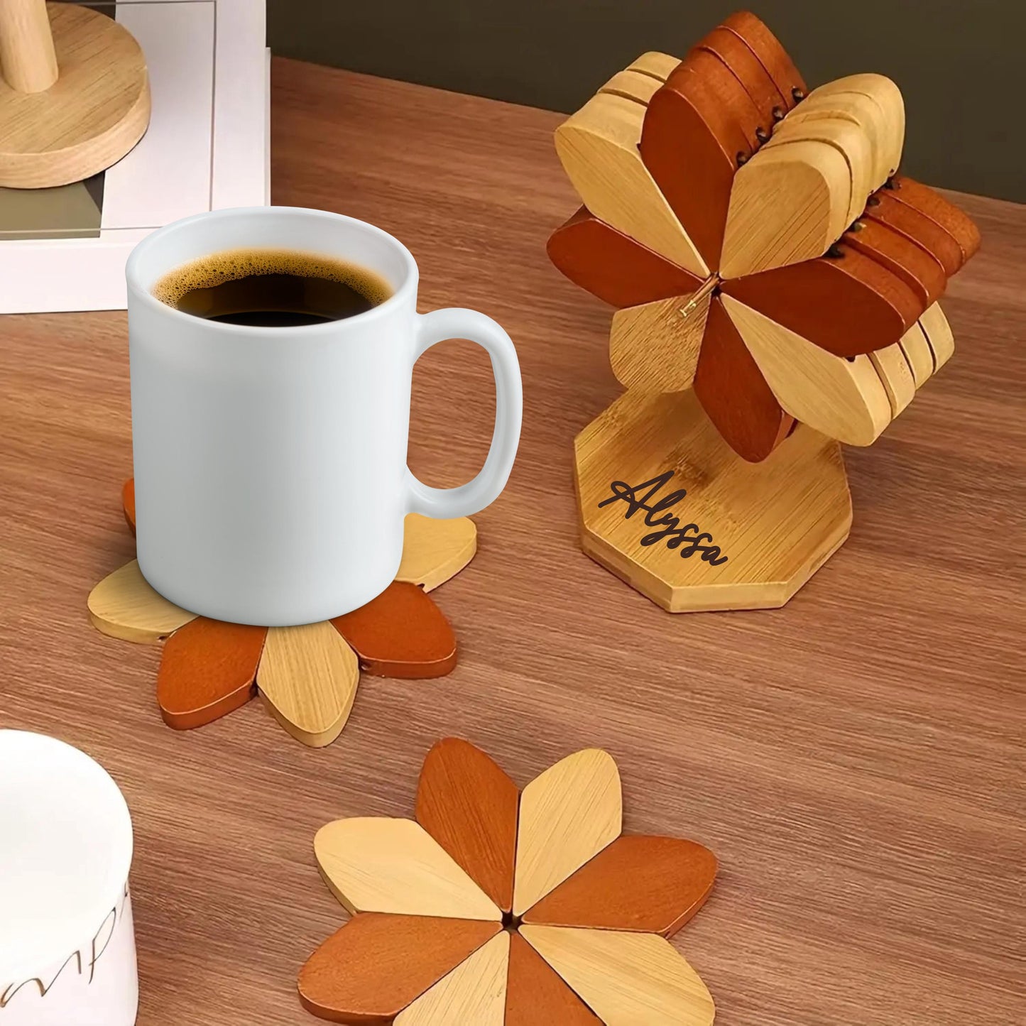 Personalized Wooden Pinwheel Trivet Set, 5 Foldable Wood Trivets + Stand, Heat-Resistant Coasters for Hot Dishes Pots Bowls, Kitchen Gift