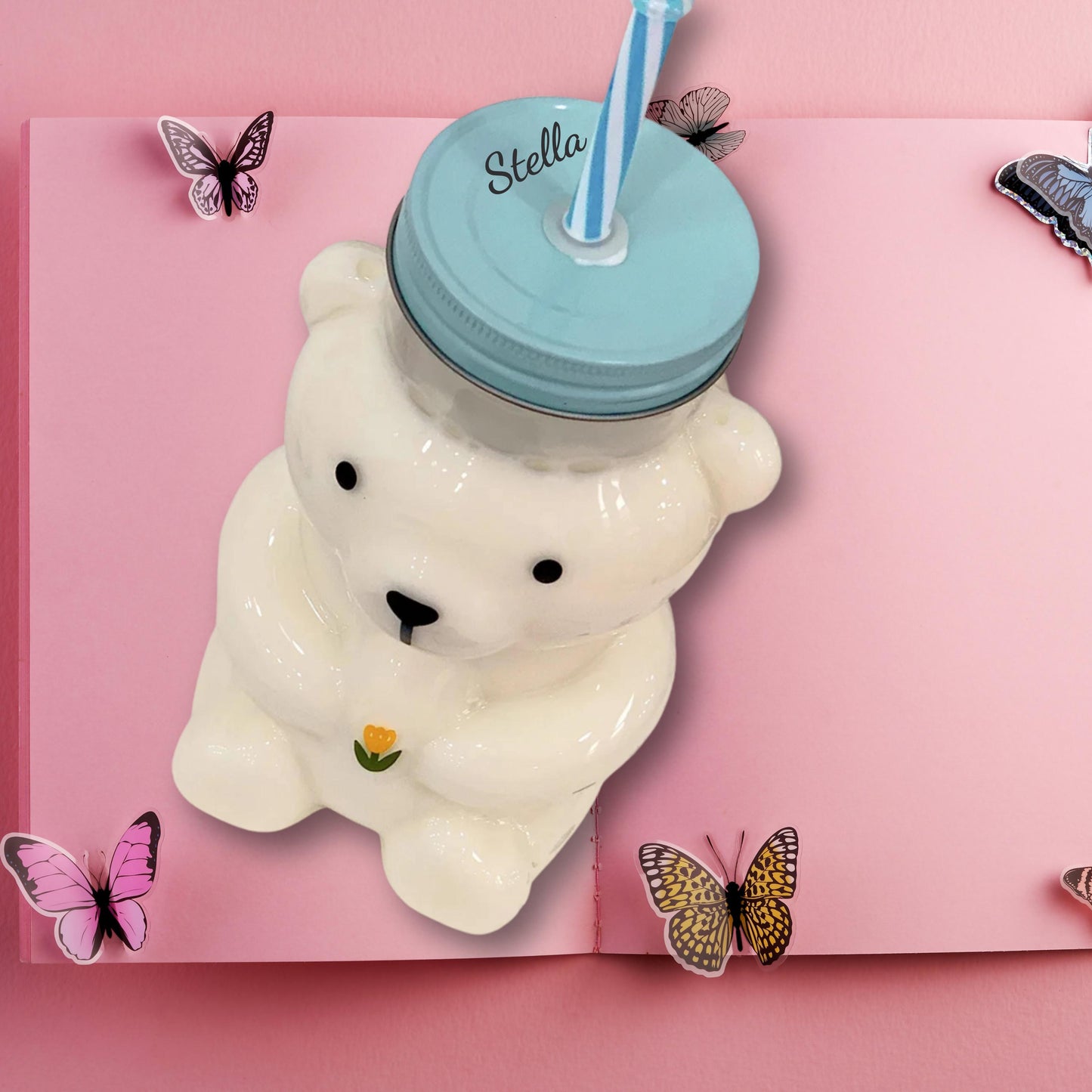 Custom Bear Shaped Coffee Cup, Personalized Bear Glass Mug, Engraved Iced Coffee Cup with Straw, Cute Animal Coffee Mug, Coffee Lovers Gift