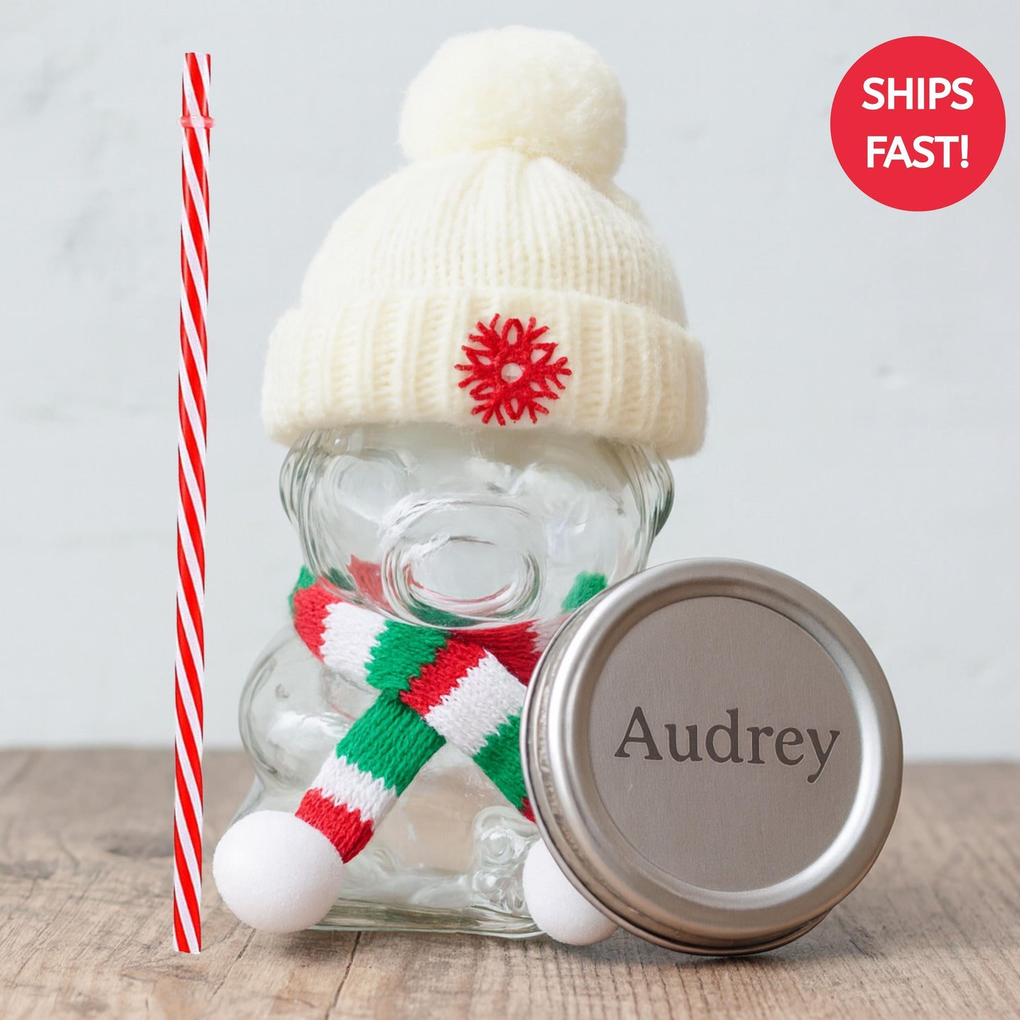 Custom Bear Shaped Coffee Cup, Personalized Bear Glass Mug with Custom Lid, Knit Hat & Scarf, Iced Coffee Cup with Straw for coffee lovers