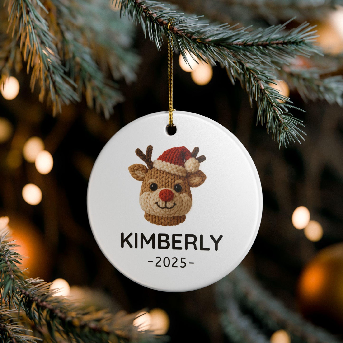 Personalized Reindeer Ceramic Ornament, Faux Yarn Pattern Ornament, Custom Name Christmas Gift, Cute Holiday Decor, 2025 Christmas Ornament