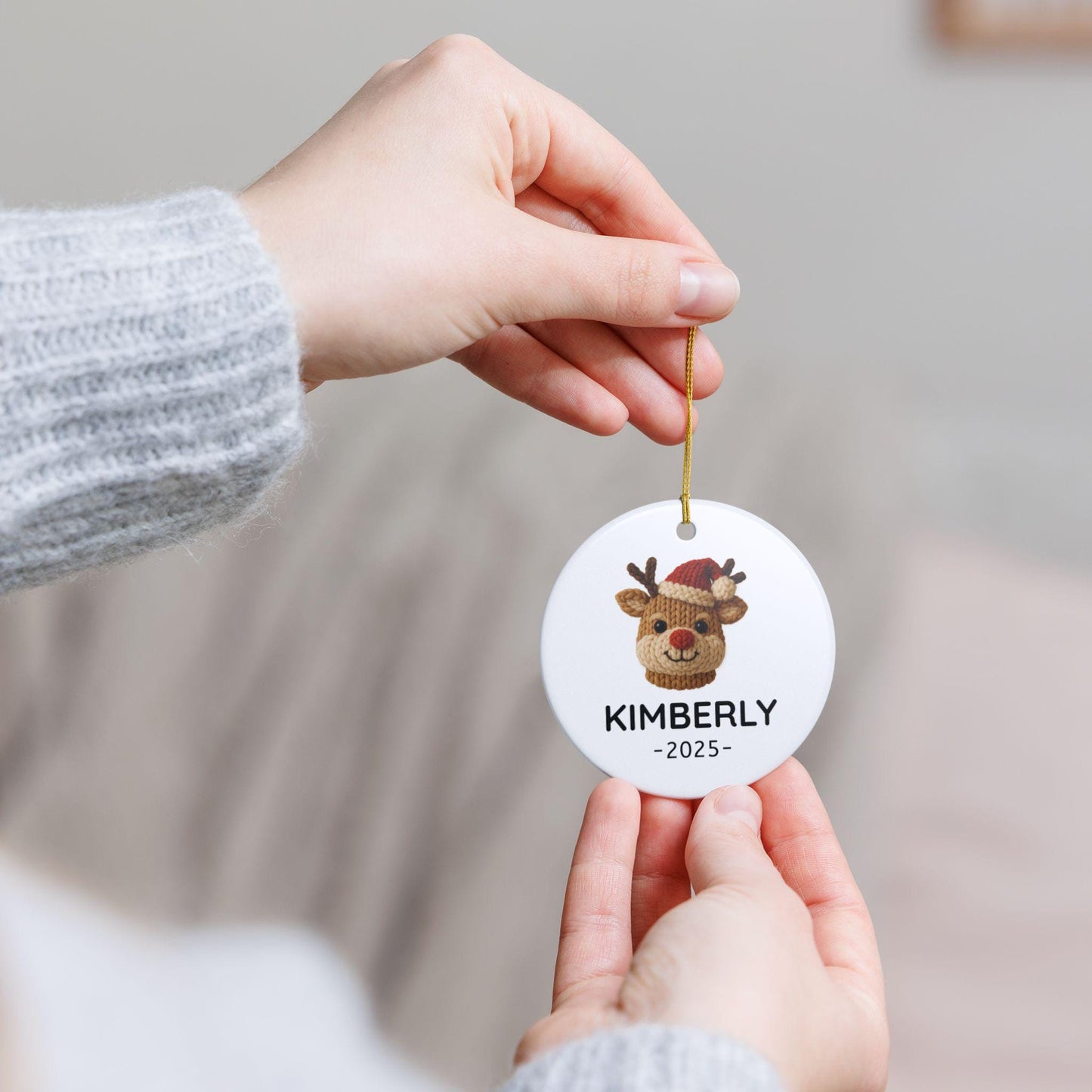 Personalized Reindeer Ceramic Ornament, Faux Yarn Pattern Ornament, Custom Name Christmas Gift, Cute Holiday Decor, 2025 Christmas Ornament