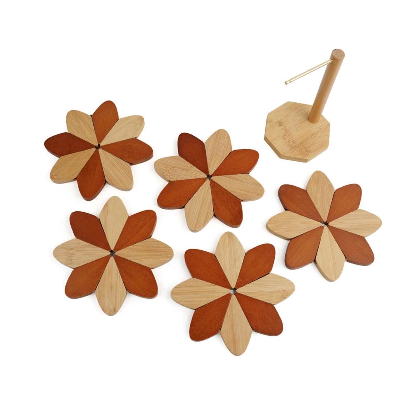 Personalized Wooden Pinwheel Trivet Set, 5 Foldable Wood Trivets + Stand, Heat-Resistant Coasters for Hot Dishes Pots Bowls, Kitchen Gift