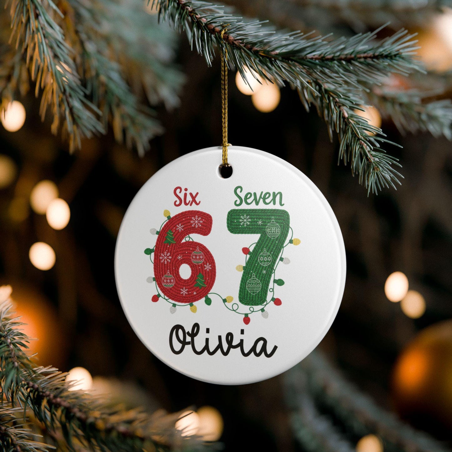 Personalized 67 Ornament, Faux Yarn pattern Ceramic Ornament, Christmas Ornament 2025, Gen Alpha Teen Slang Gift, Funny Teenager Gift