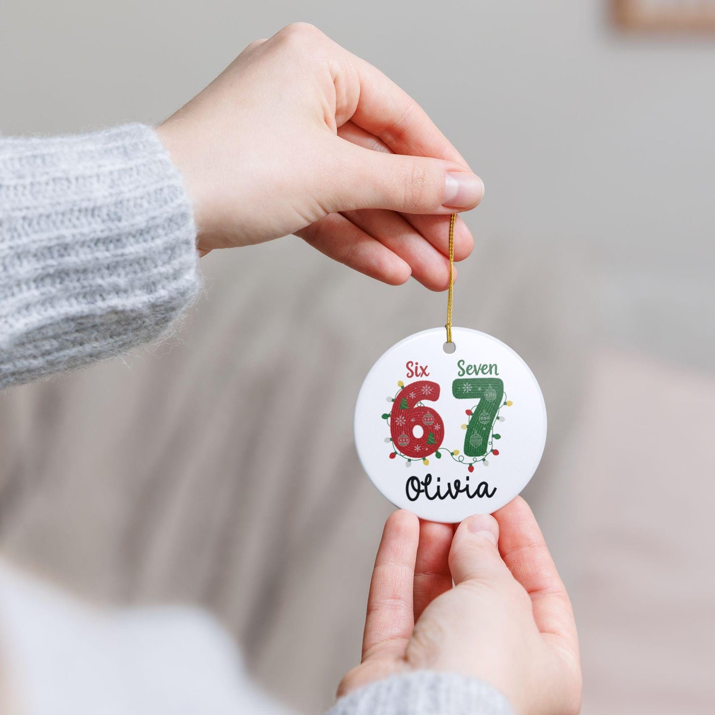 Personalized 67 Ornament, Faux Yarn pattern Ceramic Ornament, Christmas Ornament 2025, Gen Alpha Teen Slang Gift, Funny Teenager Gift
