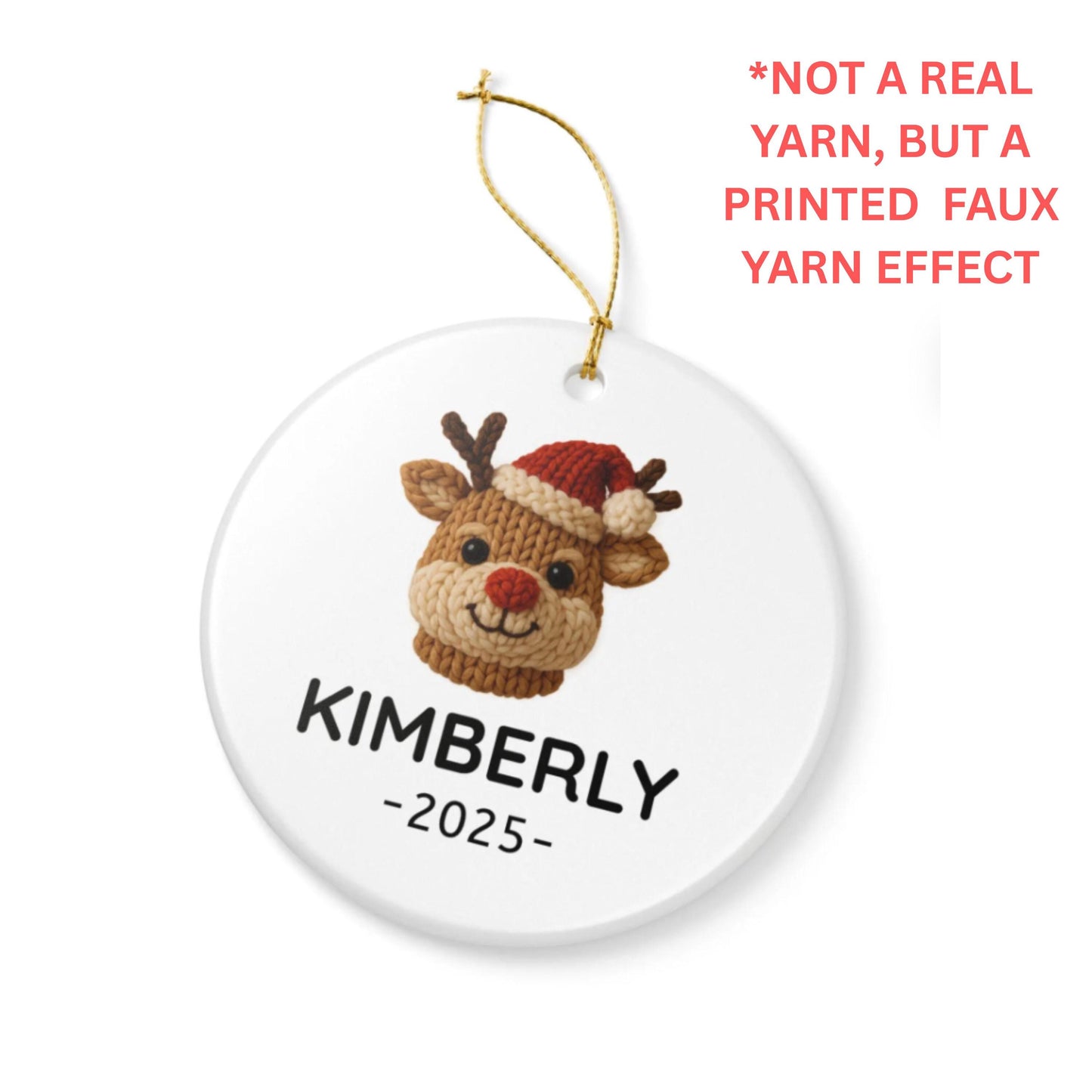 Personalized Reindeer Ceramic Ornament, Faux Yarn Pattern Ornament, Custom Name Christmas Gift, Cute Holiday Decor, 2025 Christmas Ornament