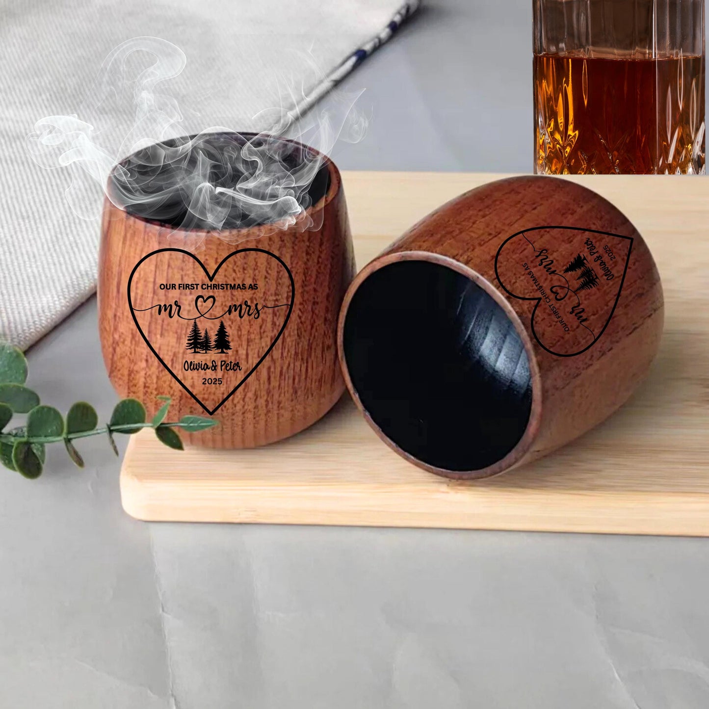 First Christmas as Mr & Mrs, Personalized Charred Wood Bourbon Cup, Whiskey Cup Gift for Couple, First Christmas Keepsake, Housewarming gift