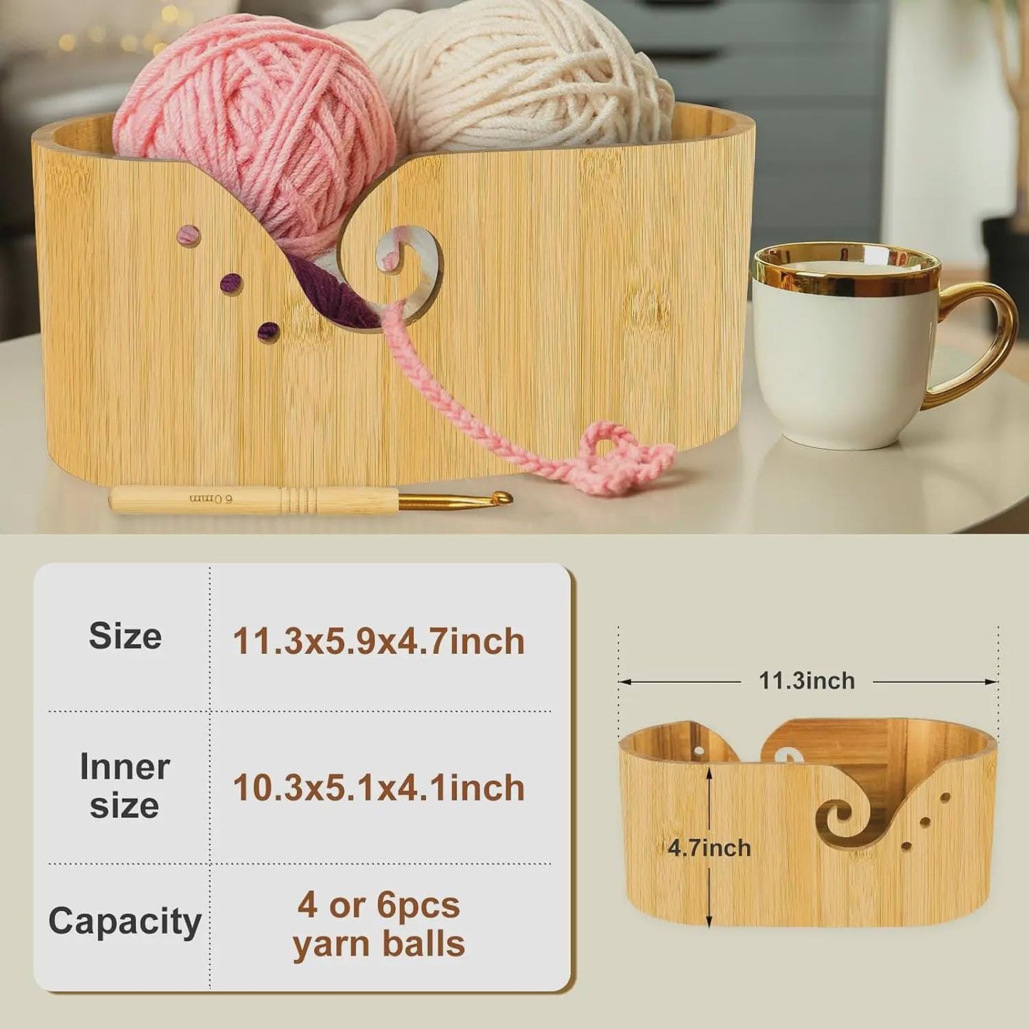 Custom Oval Yarn Bowl with Phone Holder, Wooden Crochet & Knitting Yarn Holder, Gift for Yarn Lovers, Crochet Accessories, Yarn Organizer