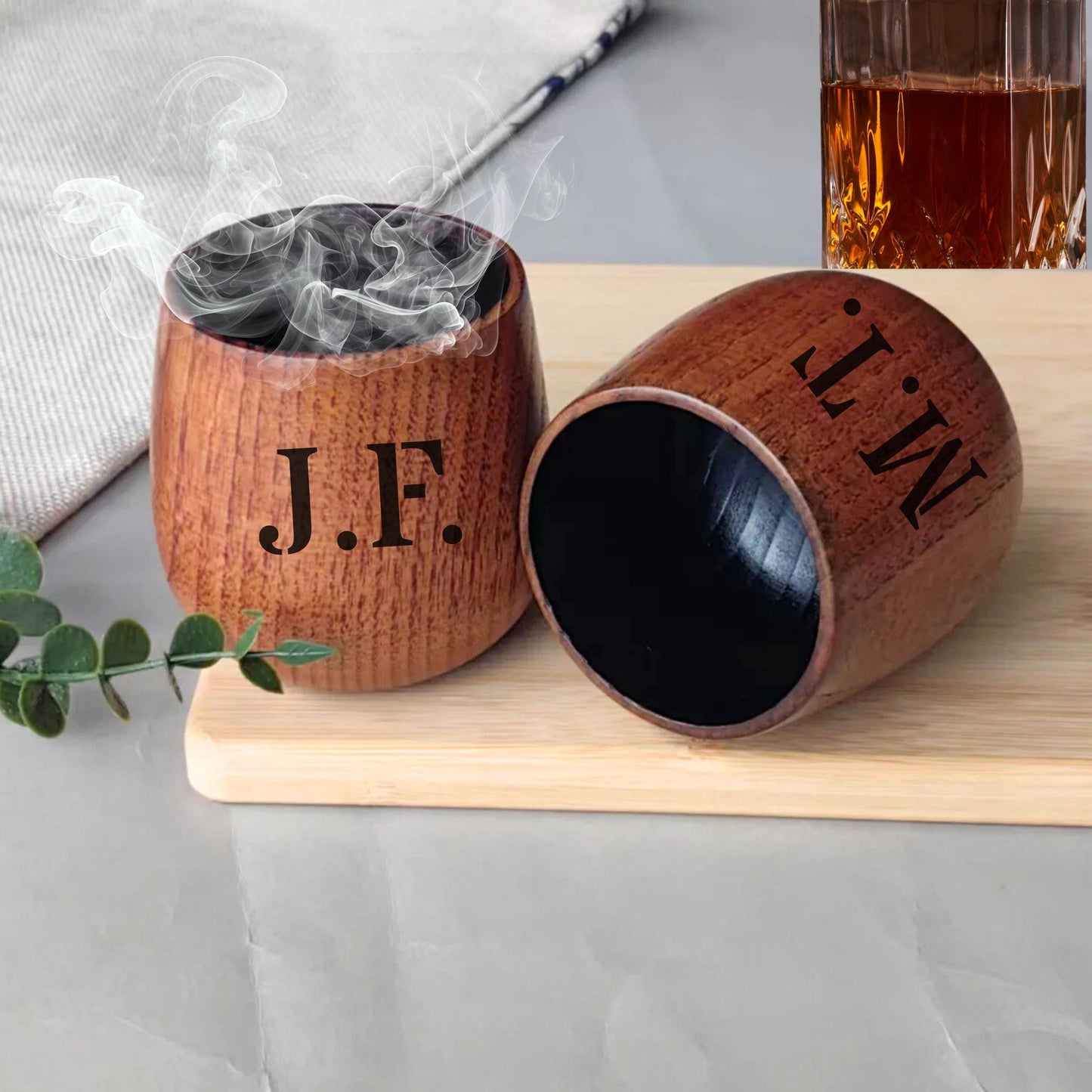 Custom Name initial Charred Wooden Bourbon Drinking Glass, Gifts for Men, Groomsmen gifts, Wood Whiskey cup, Dad's Fathers Day Gift for Him