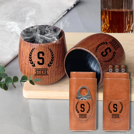 Custom Whiskey Cup & Leather Cigar Case Gift Set,Custom Charred Wooden Bourbon Cup, Cigar Holder with Cutter, Groomsmen Fathers Day Husband