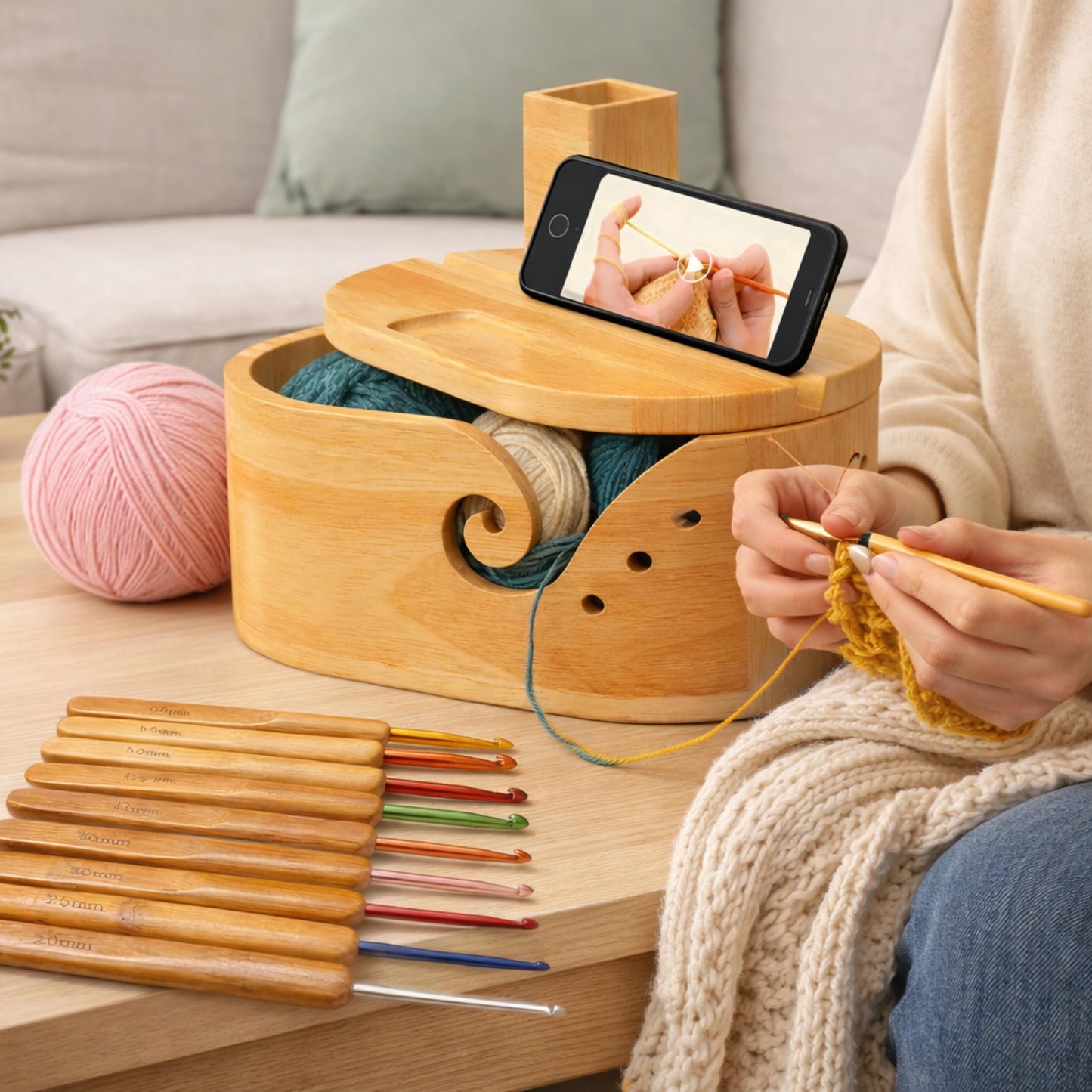 Custom Oval Yarn Bowl with Phone Holder, Wooden Crochet & Knitting Yarn Holder, Gift for Yarn Lovers, Crochet Accessories, Yarn Organizer