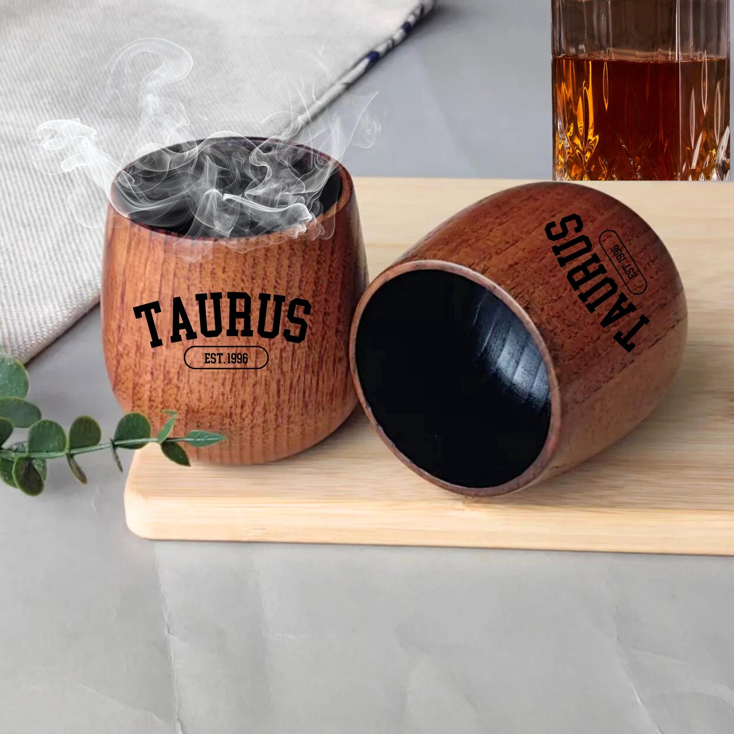 Personalized Zodiac Sign Gift for Men, Charred Wooden Whiskey Glass, Bourbon Drinking Cup, 30th Birthday Gift for Him, Astrology Gift