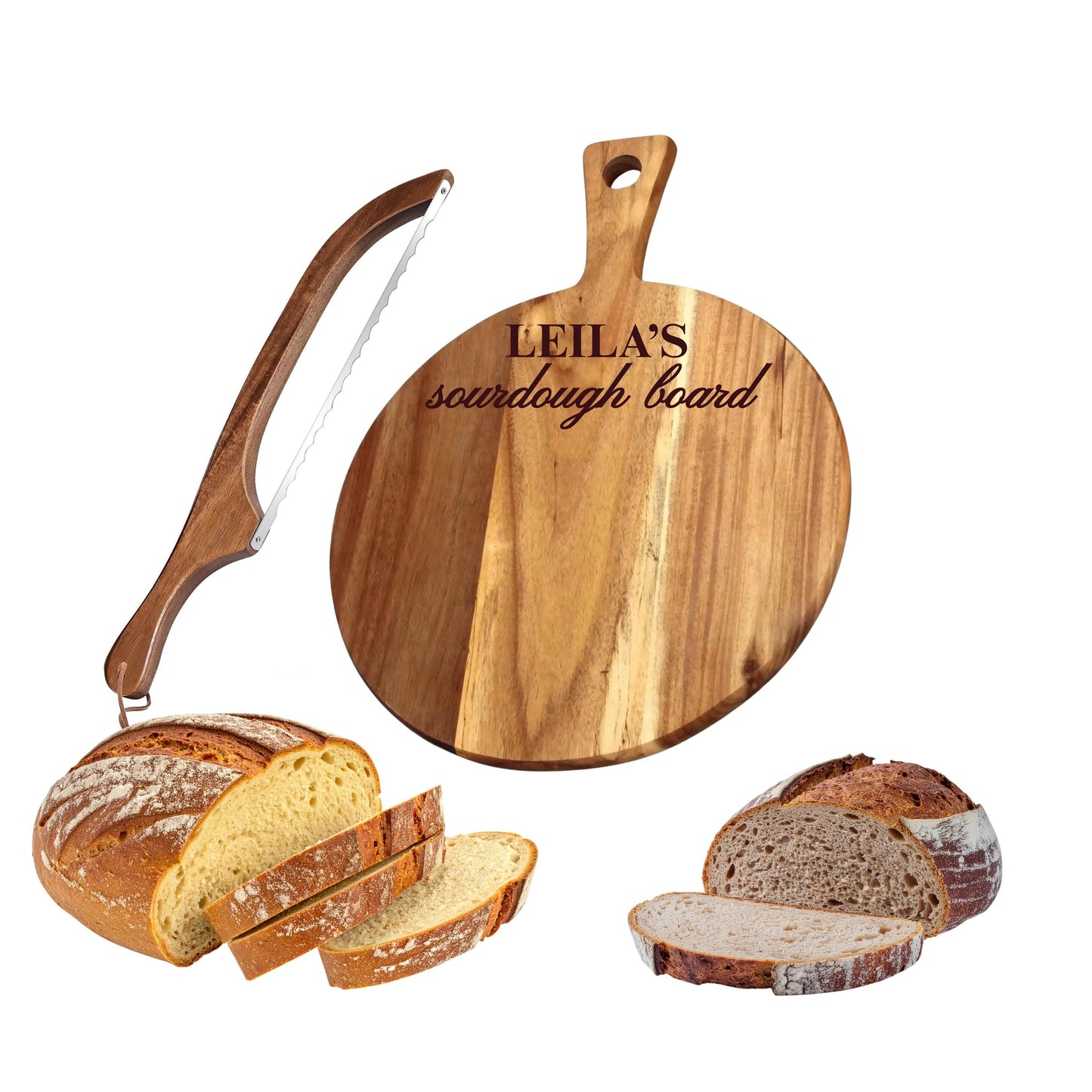 Sourdough Bread Knife & Bread Board Set, Adjustable Bread Bow Knife with Board, Custom Cutting Board, Bread Slicer and Crumb board