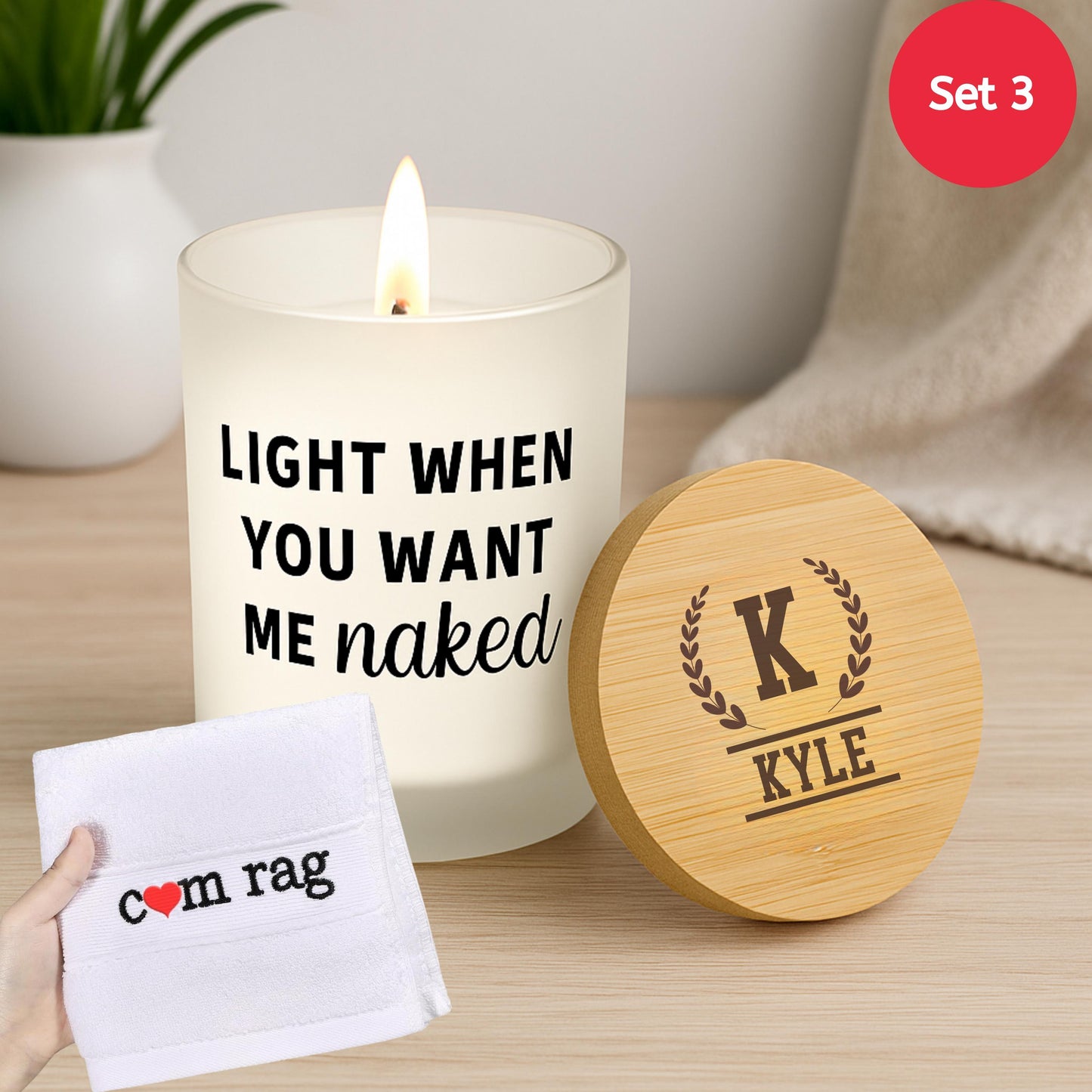 Personalized Naughty Candle Gift Set for Husband, Boyfriend or Fiancé, Funny Cum Rag, Romantic Anniversary,Birthday Day Gift for Him