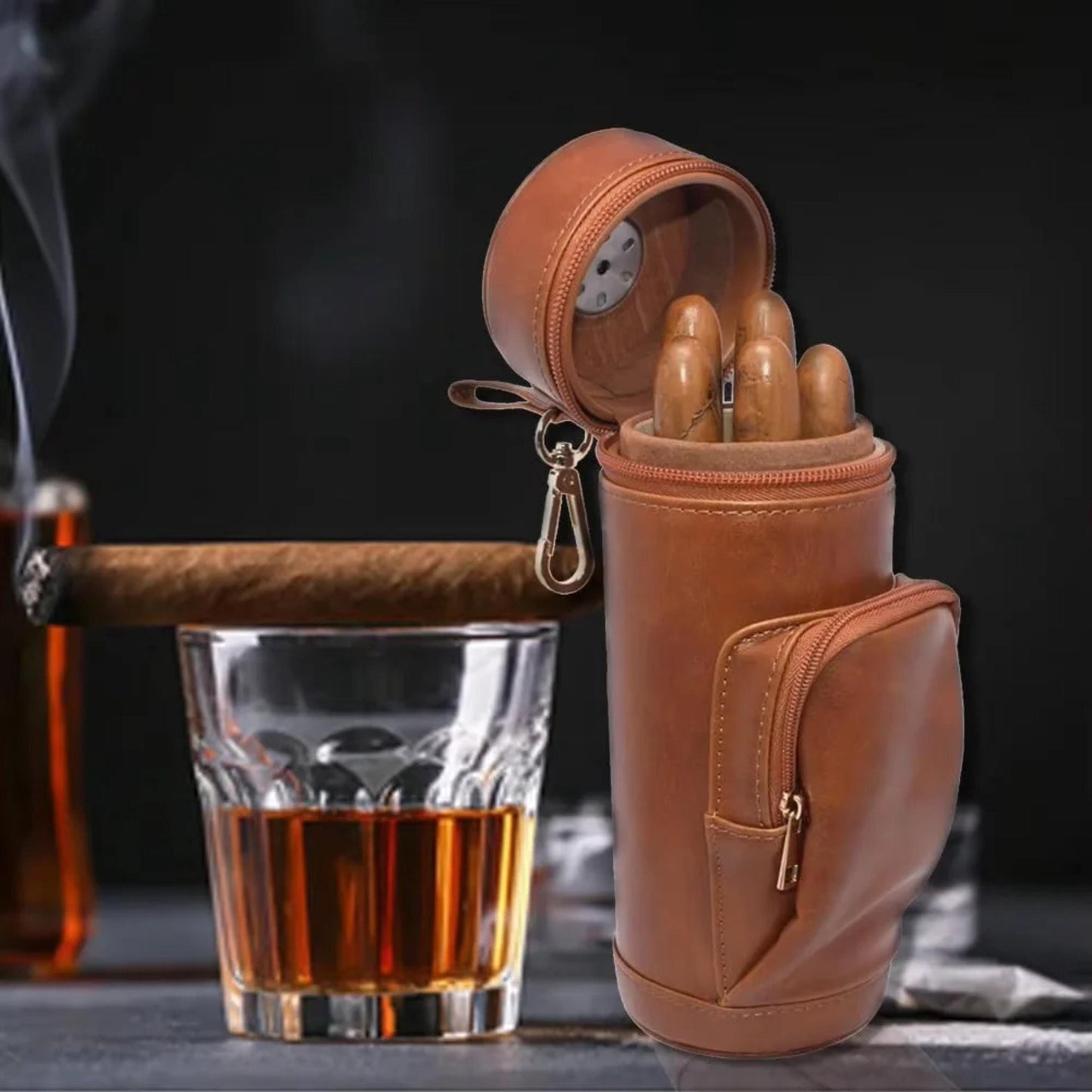 Personalized Whiskey Glass & Leather Cigar Humidor Gift Set | Custom Engraved Bourbon Cup | Travel Cigar Case | Groomsmen, Fathers Day Gift