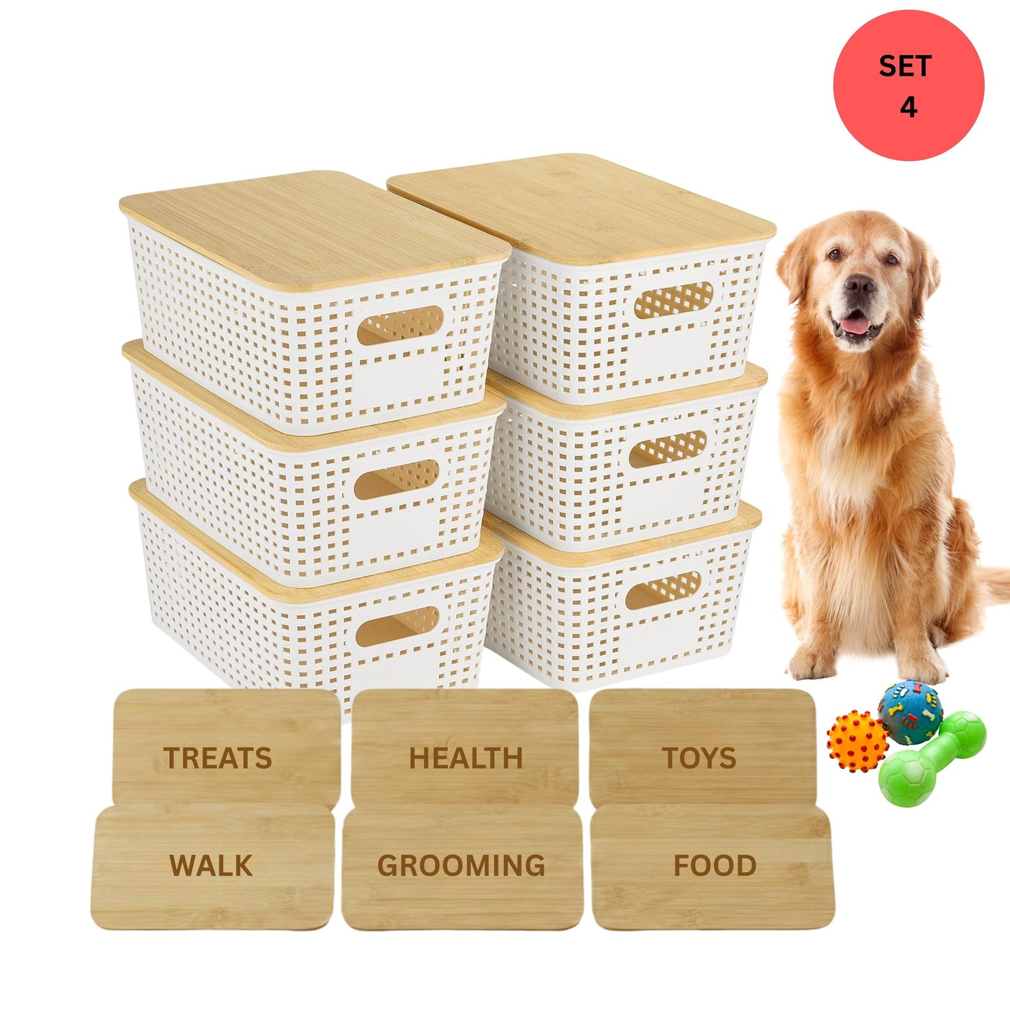 Stackable Pantry Storage Bins with Engraved Bamboo Lids, 6 Pack Kitchen Organizer Set for Coffee Tea Pasta Grains & Snacks, Pantry Organizer