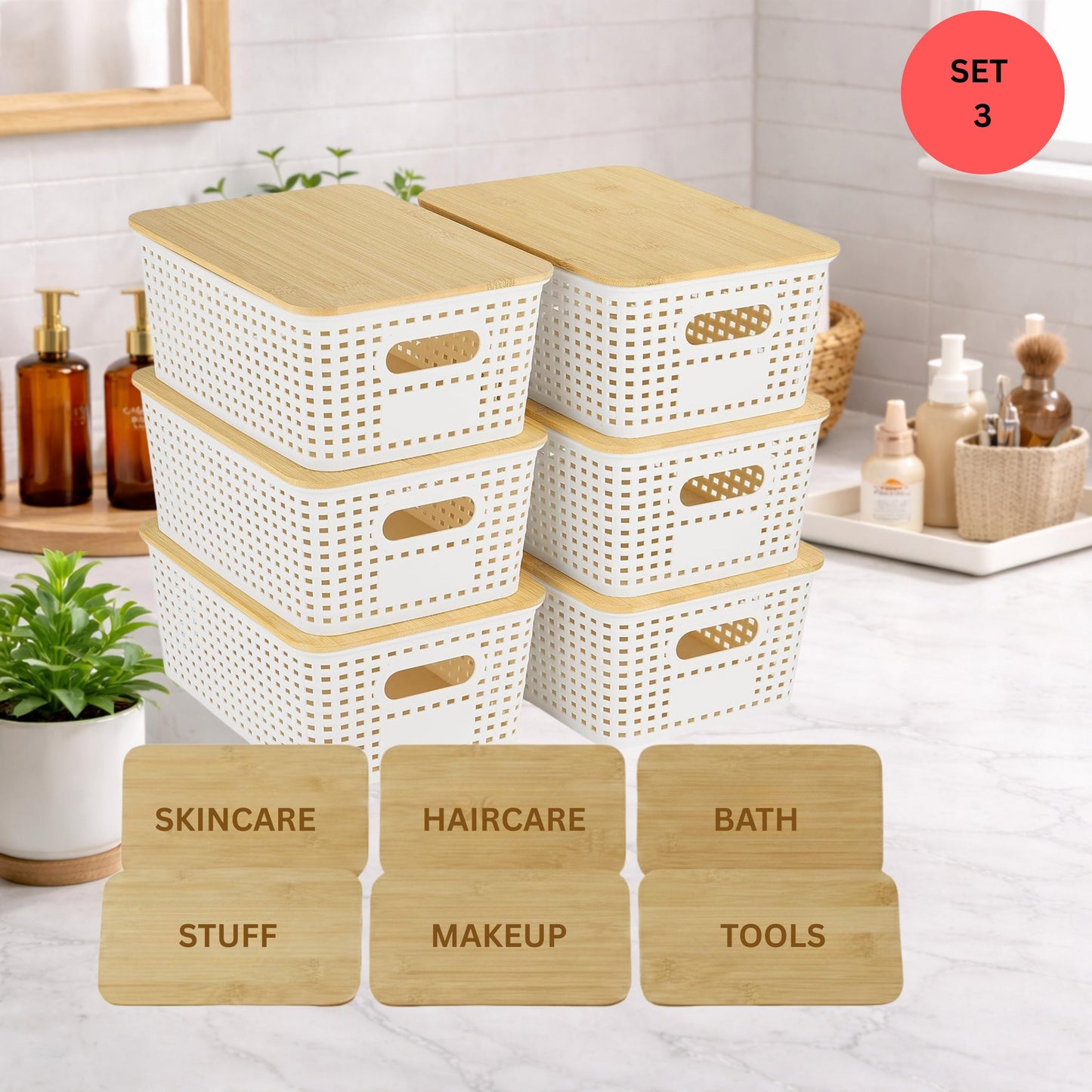 Skincare & Makeup Organizer Bins with Engraved Bamboo Lids, 6 Pack Stackable Bathroom Organizers, Vanity Under Sink Storage Container Set