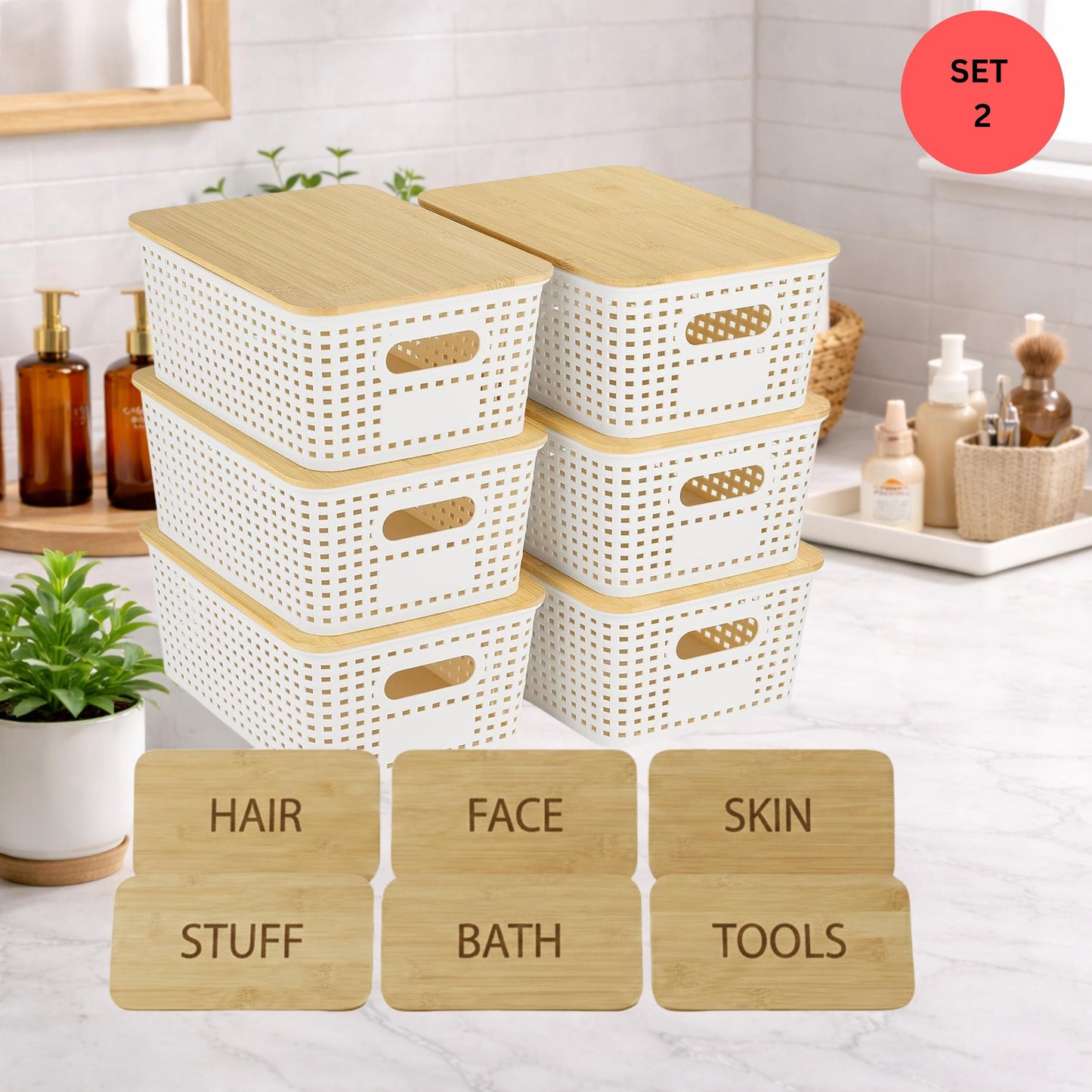 Stackable Bathroom Storage Bins with Engraved Bamboo Lids, 6 Pack Vanity & Under Sink Organizer Set, Bathroom Organizer for Hair and Facials