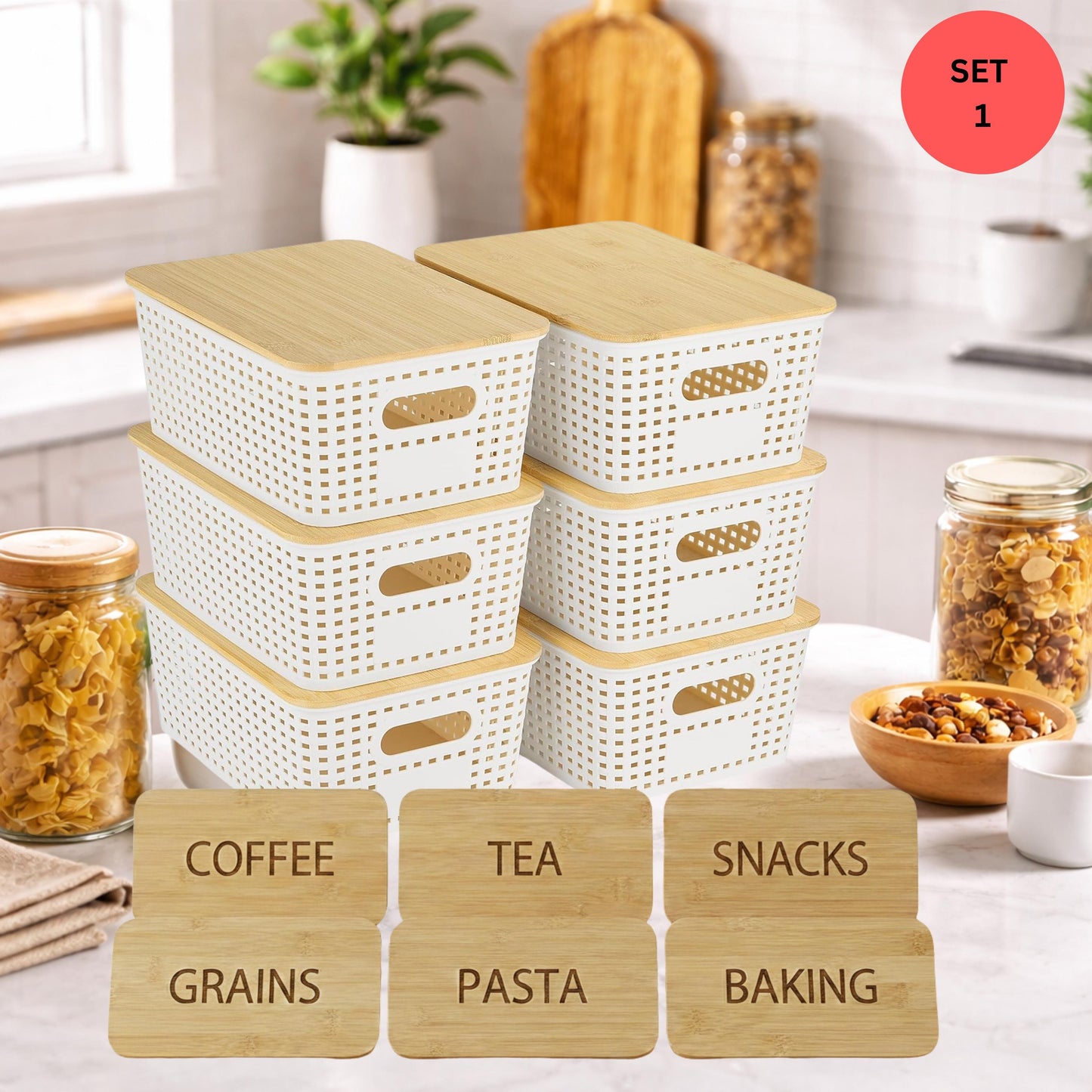 Stackable Pantry Storage Bins with Engraved Bamboo Lids, 6 Pack Kitchen Organizer Set for Coffee Tea Pasta Grains & Snacks, Pantry Organizer