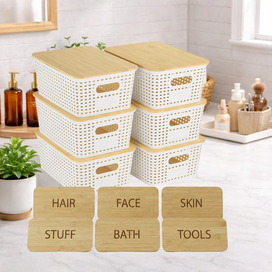 Stackable Bathroom Storage Bins with Engraved Bamboo Lids, 6 Pack Vanity & Under Sink Organizer Set, Bathroom Organizer for Hair and Facials
