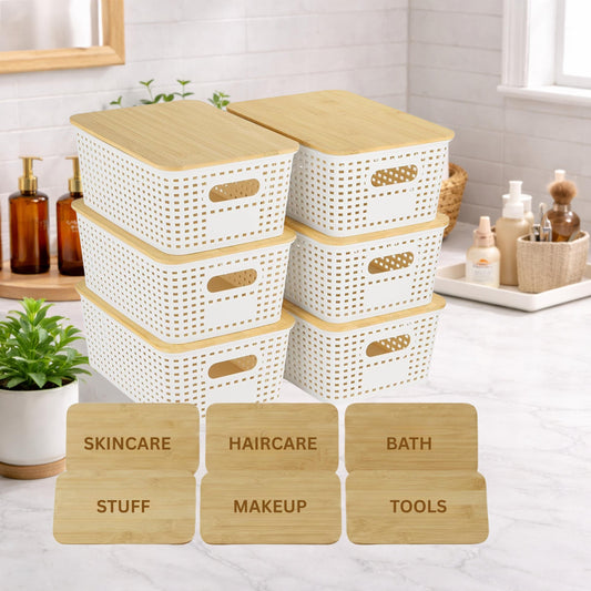 Skincare & Makeup Organizer Bins with Engraved Bamboo Lids, 6 Pack Stackable Bathroom Organizers, Vanity Under Sink Storage Container Set