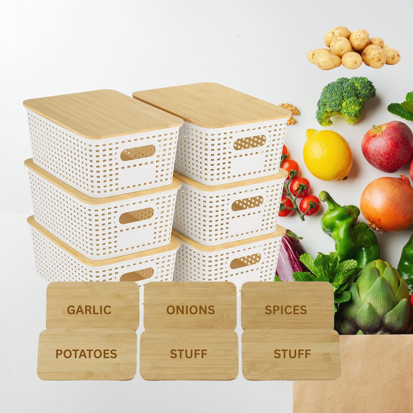 Stackable Pantry Storage Bins with Engraved Bamboo Lids, 6 Pack Kitchen Organizer Set for Coffee Tea Pasta Grains & Snacks, Pantry Organizer