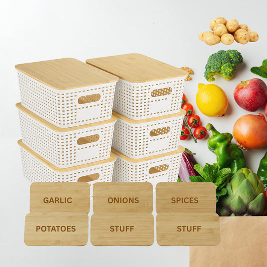 Stackable Pantry Storage Bins with Engraved Bamboo Lids, 6 Pack Kitchen Organizer Set for Coffee Tea Pasta Grains & Snacks, Pantry Organizer