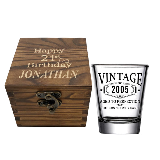 Personalized 21st Birthday Shot Glass Gift, Custom Wooden Box with Shot Glass, Happy 21st Birthday Gift for Him, Son Daughter Best Friend