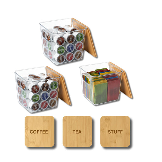 Engraved Coffee Pod Organizer Set 3 Pack, Clear K Cup Storage Bins with Bamboo Lids, Stackable Coffee Bar Containers for Pods, Tea & Sugar