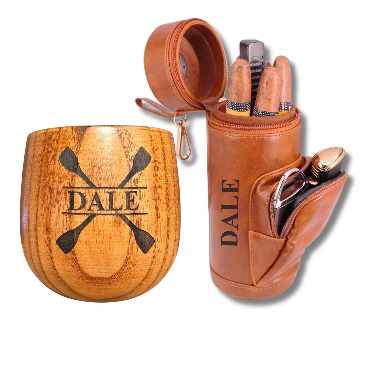 Personalized Whiskey Glass & Leather Cigar Humidor Gift Set | Custom Engraved Bourbon Cup | Travel Cigar Case | Groomsmen, Fathers Day Gift
