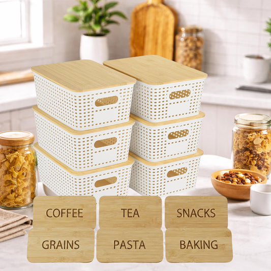Stackable Pantry Storage Bins with Engraved Bamboo Lids, 6 Pack Kitchen Organizer Set for Coffee Tea Pasta Grains & Snacks, Pantry Organizer