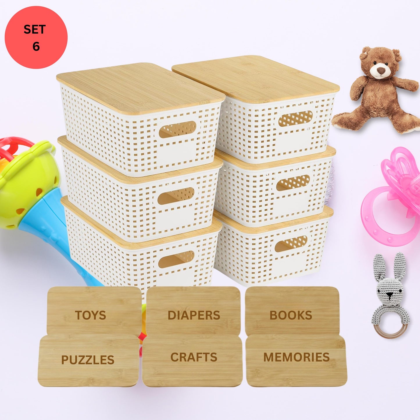 Stackable Pantry Storage Bins with Engraved Bamboo Lids, 6 Pack Kitchen Organizer Set for Coffee Tea Pasta Grains & Snacks, Pantry Organizer