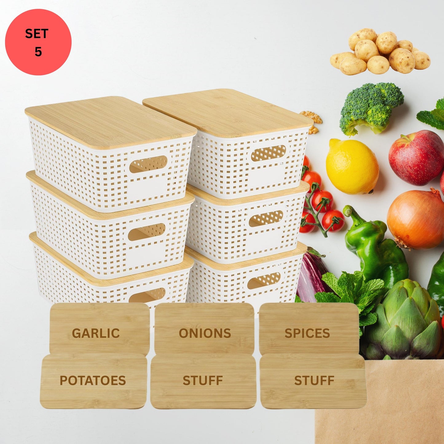 Stackable Pantry Storage Bins with Engraved Bamboo Lids, 6 Pack Kitchen Organizer Set for Coffee Tea Pasta Grains & Snacks, Pantry Organizer