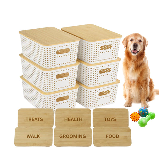 Stackable Pet Toys & Storage Organizer Bins with Engraved Bamboo Lids, 6 Pack Stackable Dog Cat Toy Storage Container, Dog Mom gift, Cat mom