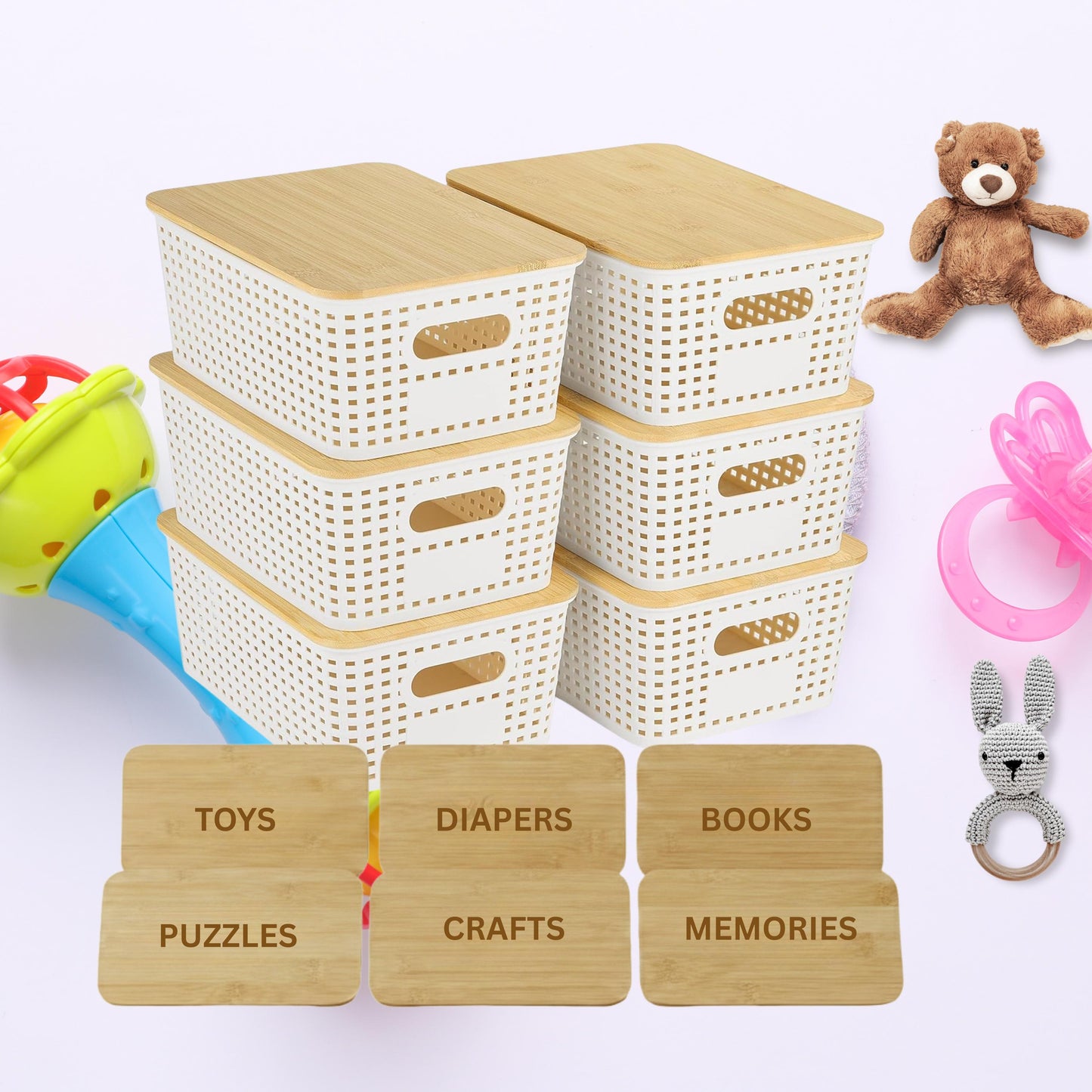 Stackable Kids Toys Storage Bins with Engraved Bamboo Lids, 6 Pack Nursery & Playroom Organizer for Children Toys Diapers Books Puzzle Craft